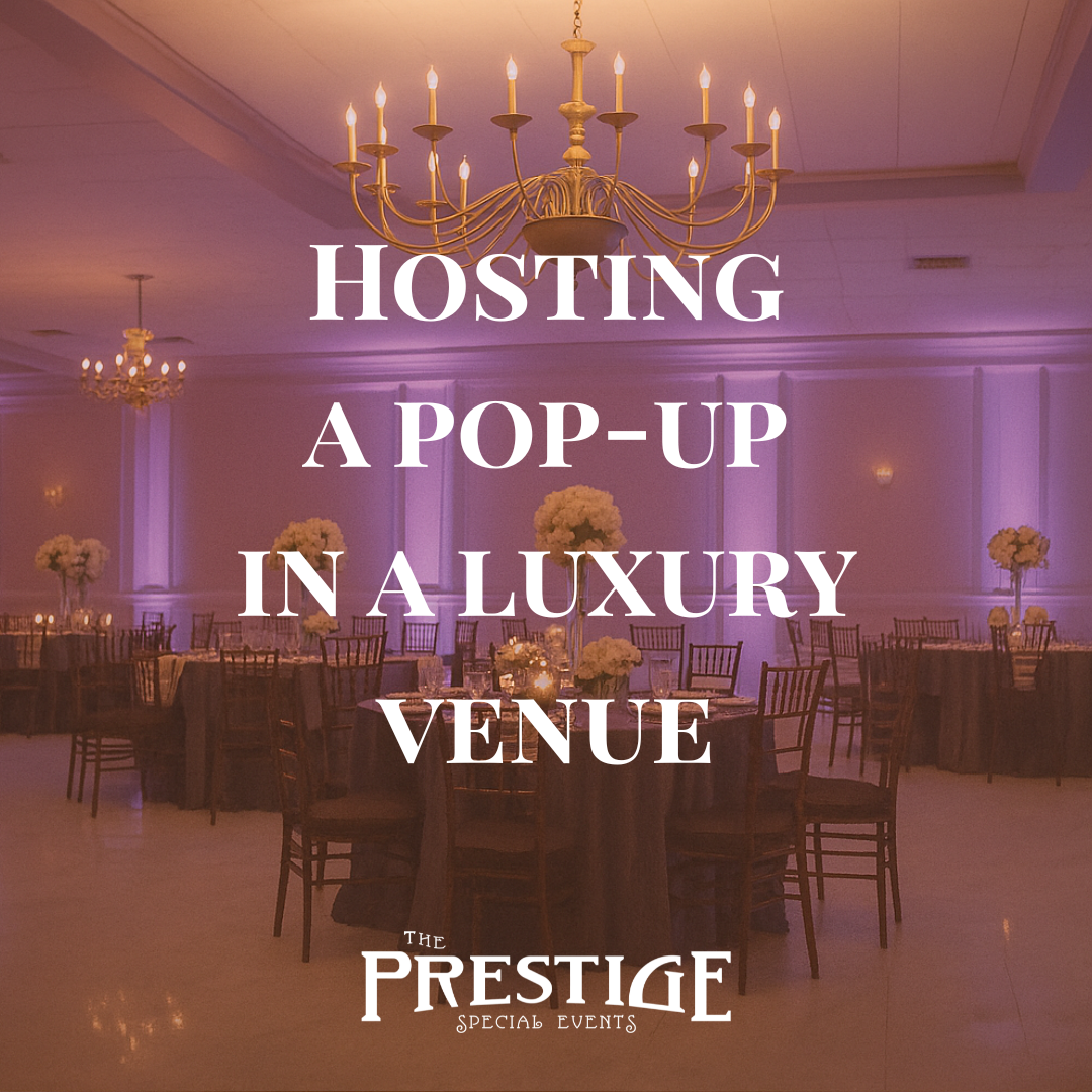 Elegant ballroom setup with purple uplighting and floral centerpieces, promoting a pop-up event at Prestige Special Events.