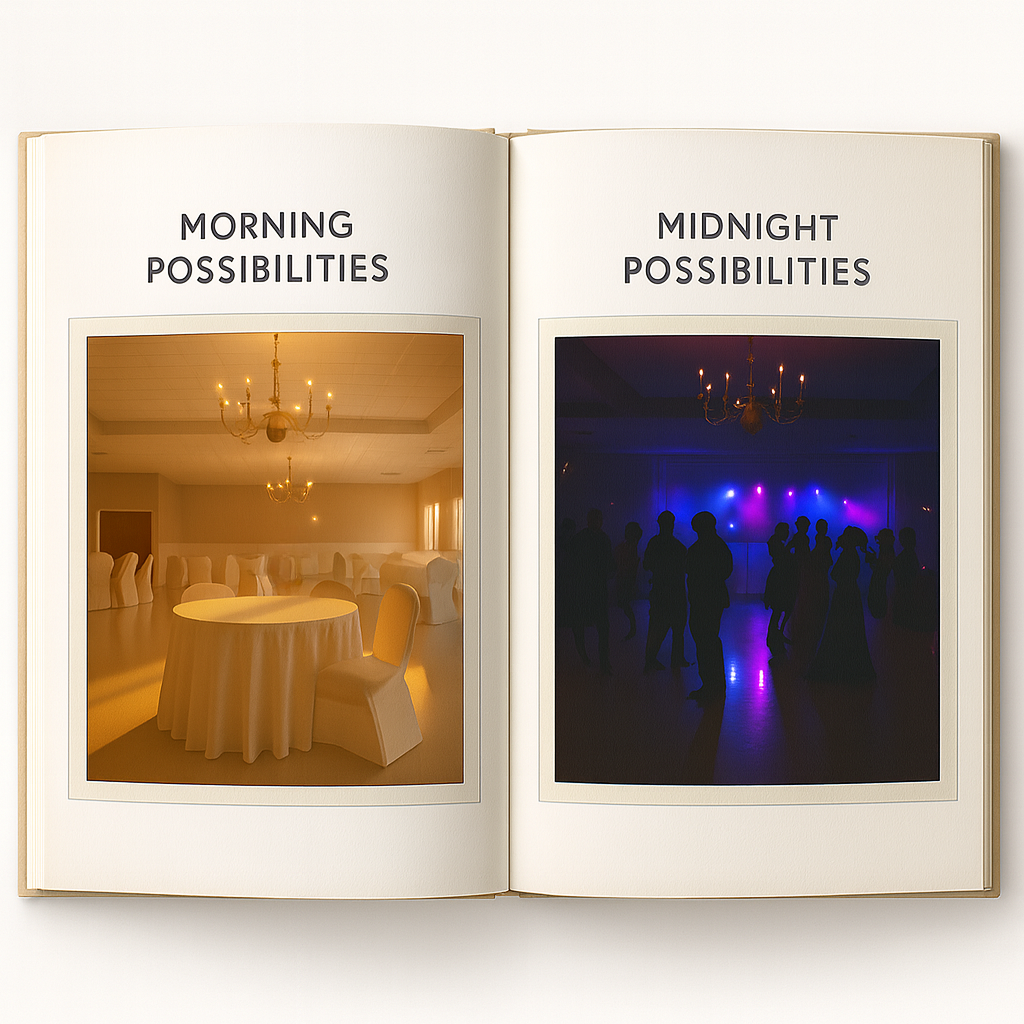 Open book displaying a two-page spread with side-by-side images of a ballroom. The left page shows the venue bathed in warm morning light with tables being set up, labeled “Morning Possibilities.” The right page shows the same ballroom at night, filled with guests dancing under dramatic purple and blue lighting, labeled “Midnight Possibilities.”