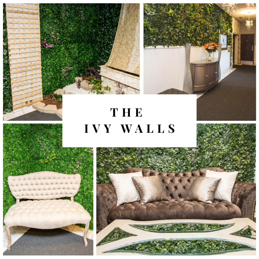 A collage of four images showcasing the living walls inside Prestige Banquet Hall, including a brown tufted sofa with pillows, a hallway with a console table and flowers, a white settee, and a small outdoor wall with stone and a trellis.