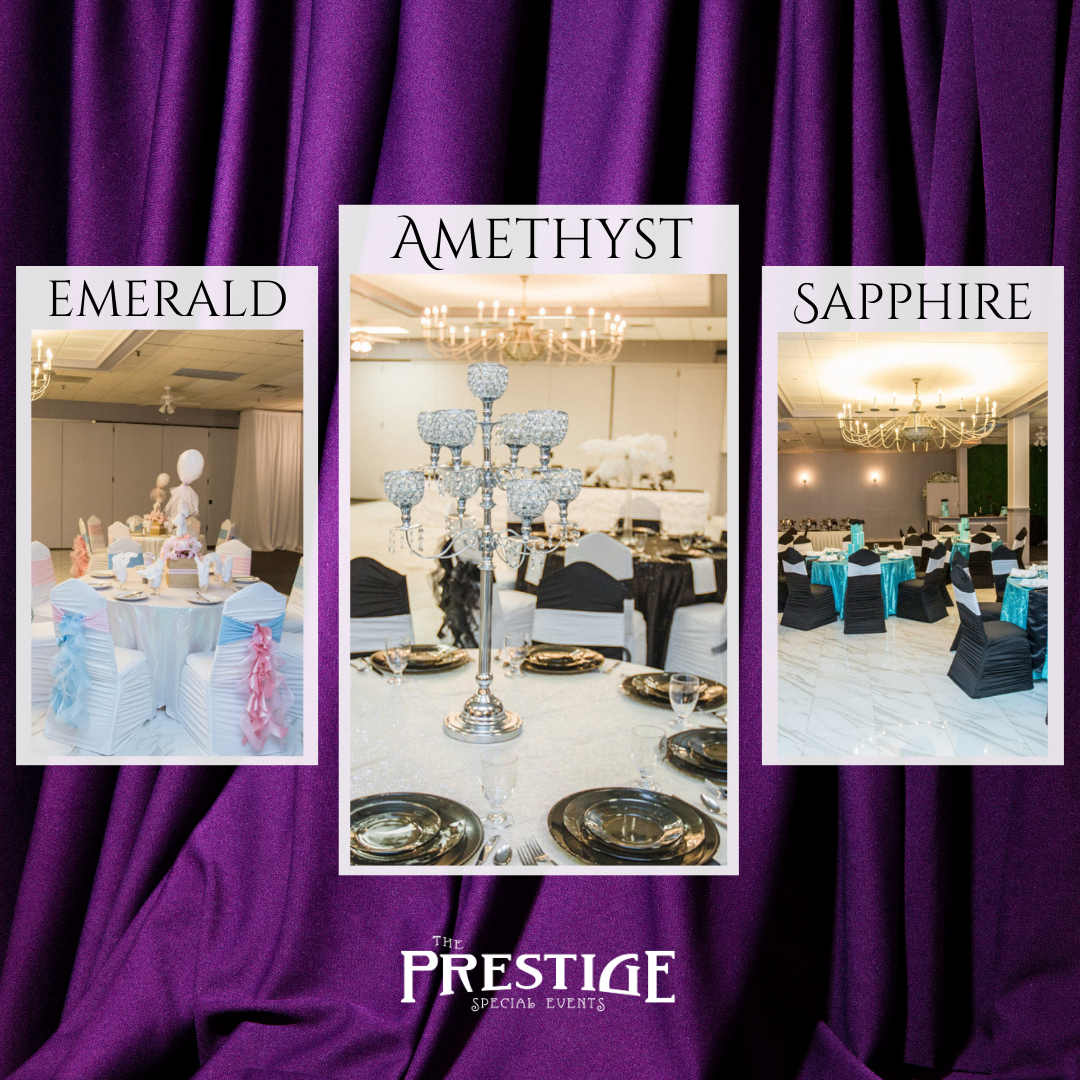 A promotional graphic showing Prestige Banquet Hall’s three ballrooms—Amethyst, Emerald, and Sapphire—each elegantly decorated with chandeliers, round tables, and white chair covers, representing the article “A Ballroom for Every Occasion: Prestige’s Three Elegant Spaces.”