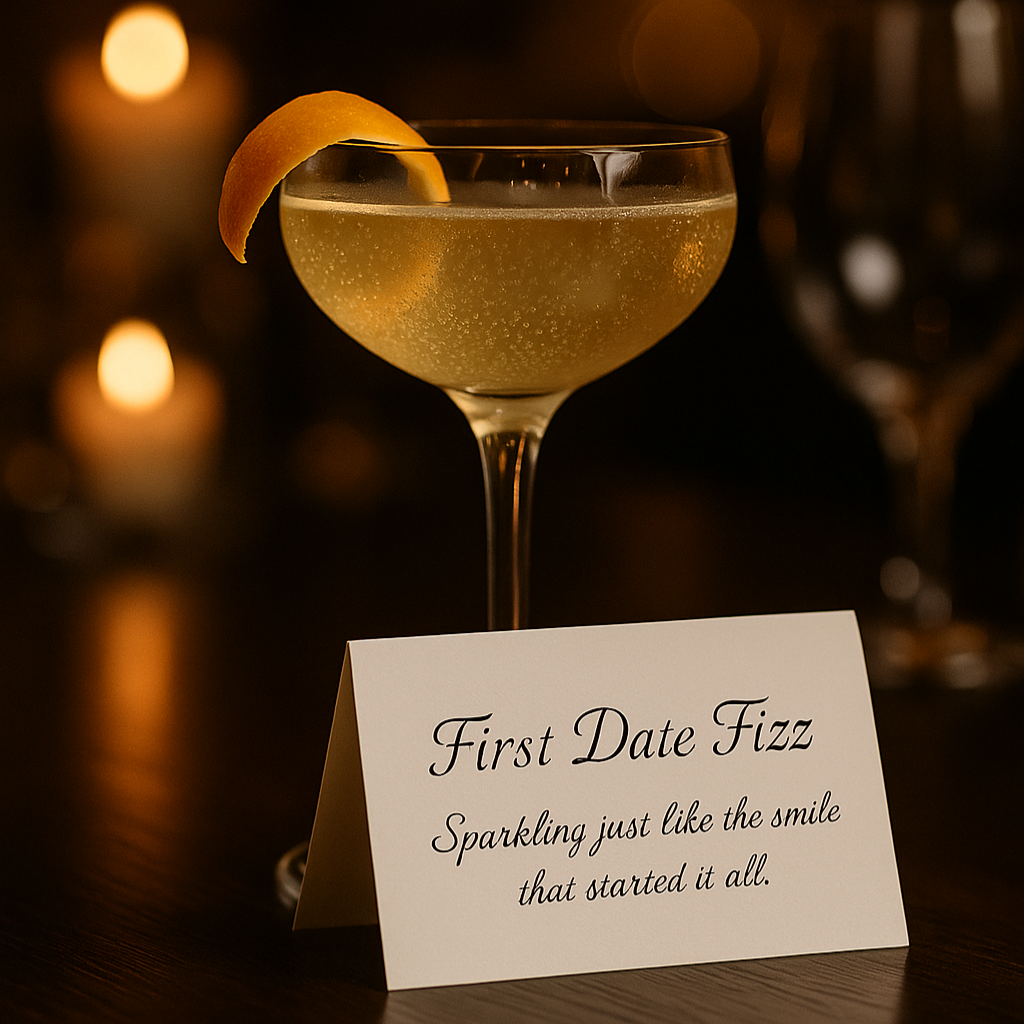 Elegant champagne cocktail named “First Date Fizz” with a story card reading ‘Sparkling just like the smile that started it all,’ styled on a romantic candlelit table at Prestige Banquet Hall.