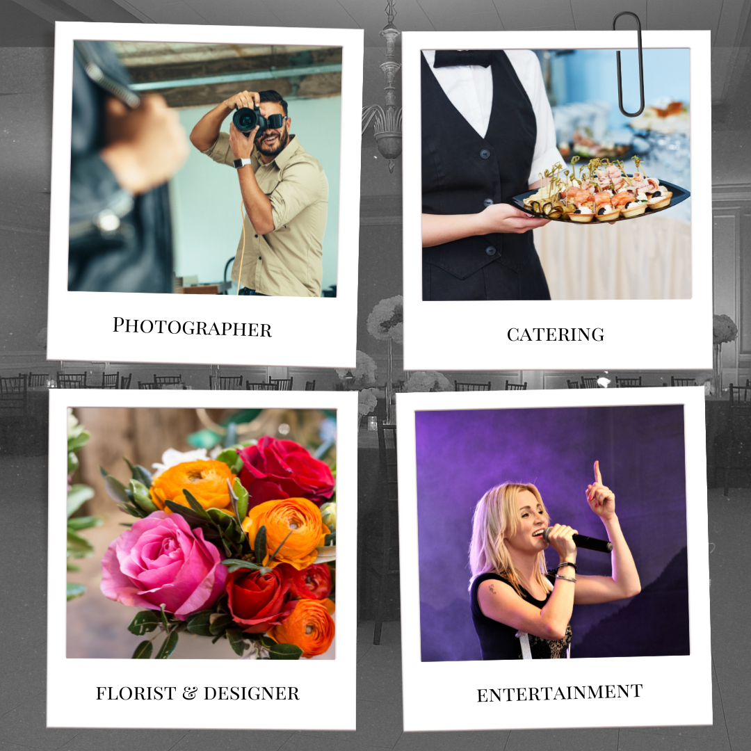 A collage of four event vendor roles—photographer, catering, florist and designer, and entertainment—presented in a modern polaroid-style design, symbolizing the dream team behind a successful event.