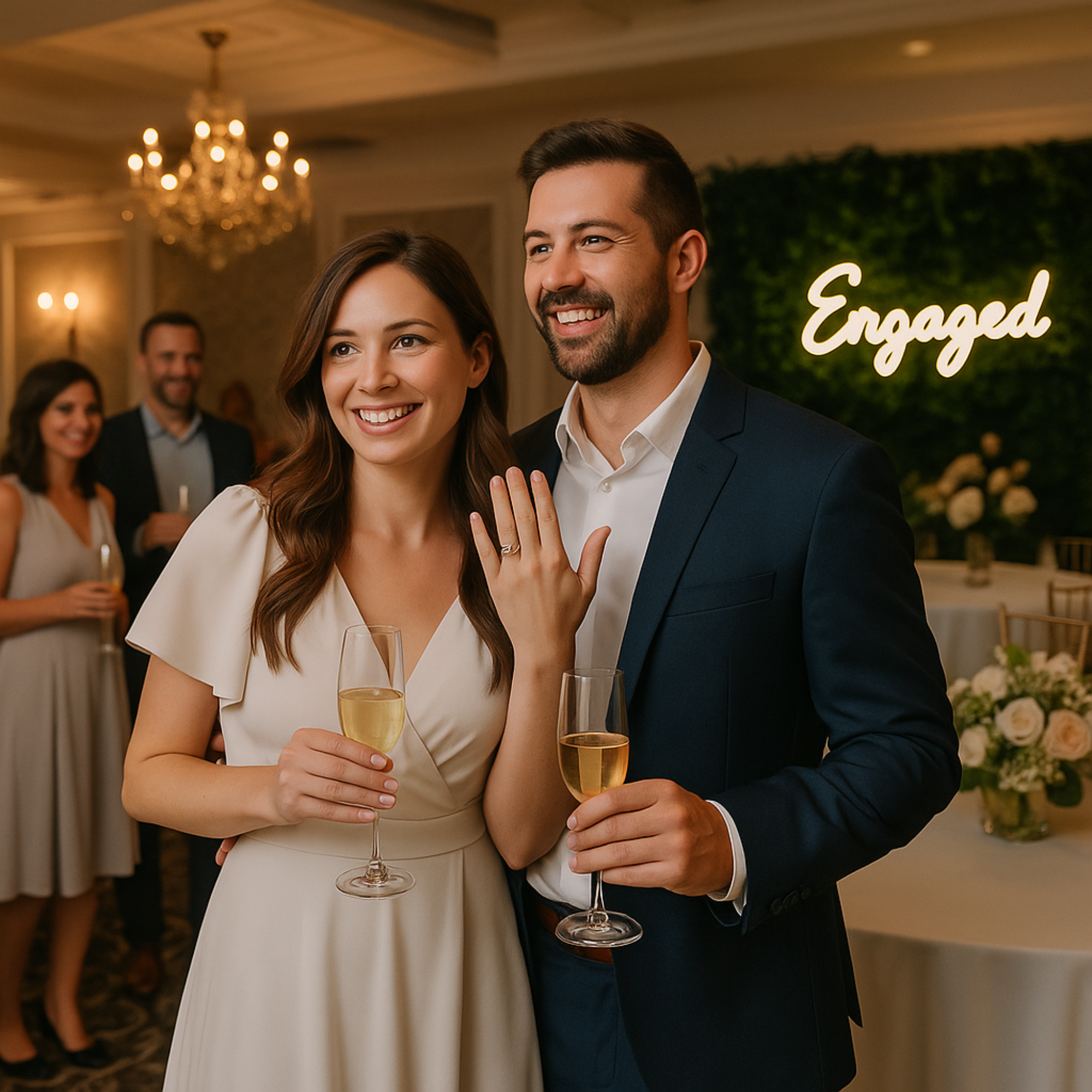 Close-up of champagne glasses clinking in celebration, surrounded by elegant florals, candles, and golden lighting, symbolizing a romantic engagement party setting.