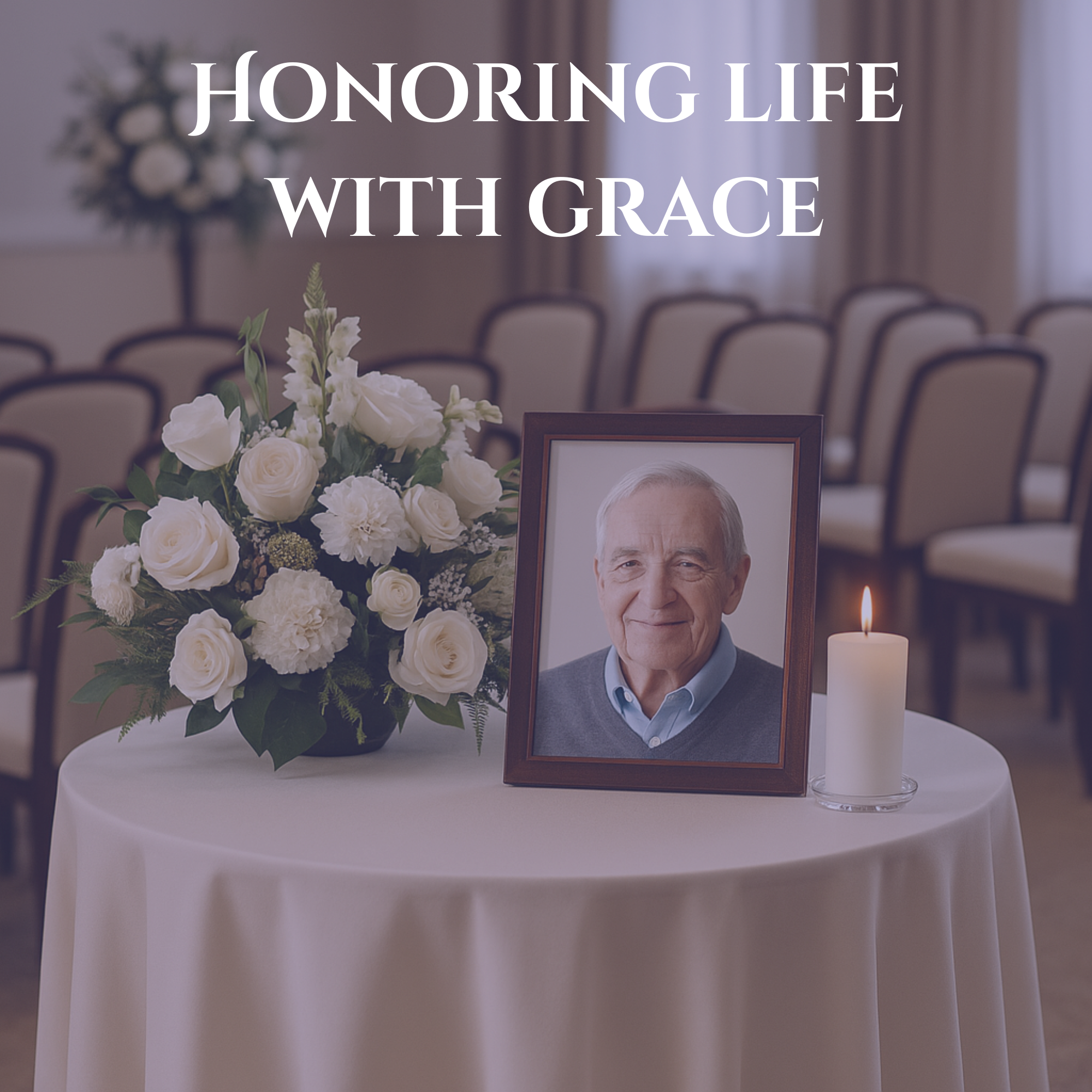 A close-up of a memorial table set with a framed portrait of a smiling elderly man, a lit white candle, and a large arrangement of white roses and flowers. The background is a blurred image of rows of empty chairs in a hall, conveying a sense of quiet remembrance and dignity.