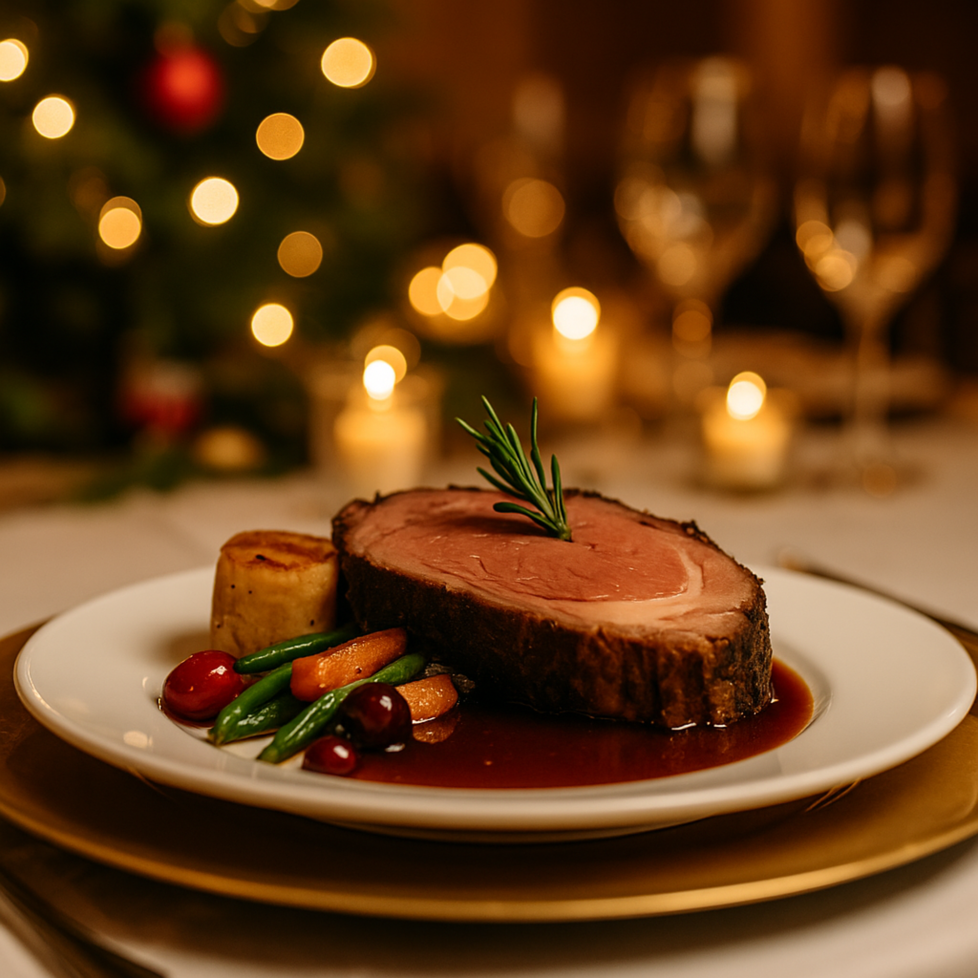 An elegantly plated gourmet holiday entrée surrounded by crystal glassware and soft candlelight at Prestige Banquet Hall, showcasing a sophisticated holiday dining atmosphere.