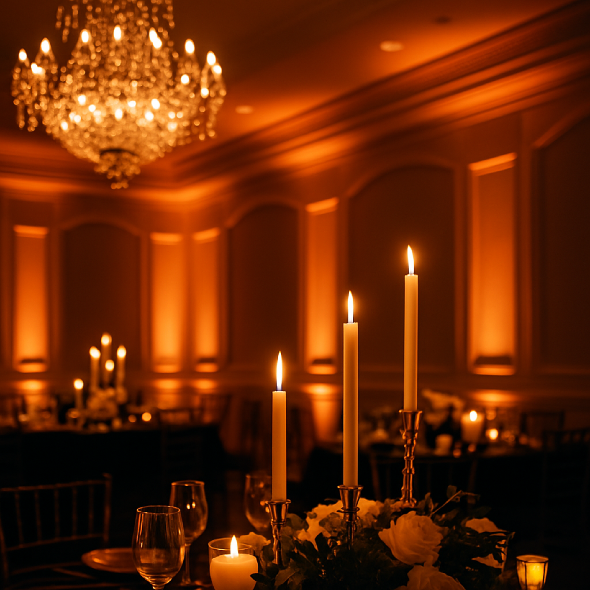 A warmly lit ballroom featuring tall candle centerpieces, golden uplighting, and an elegant chandelier, creating a romantic and sophisticated ambiance.