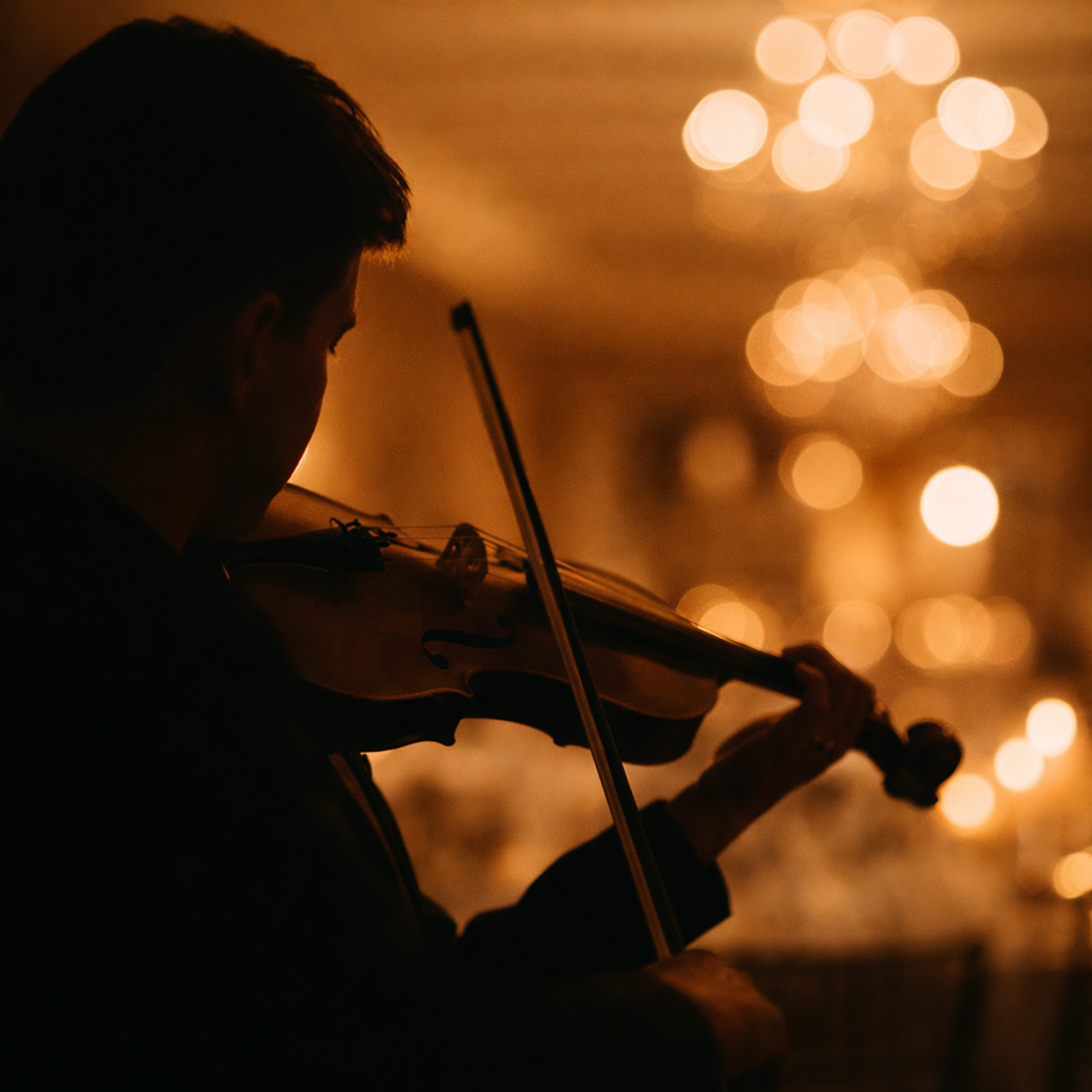 Silhouette of a violinist performing during an elegant event at Prestige Banquet Hall, with warm chandelier lighting creating a refined atmosphere.