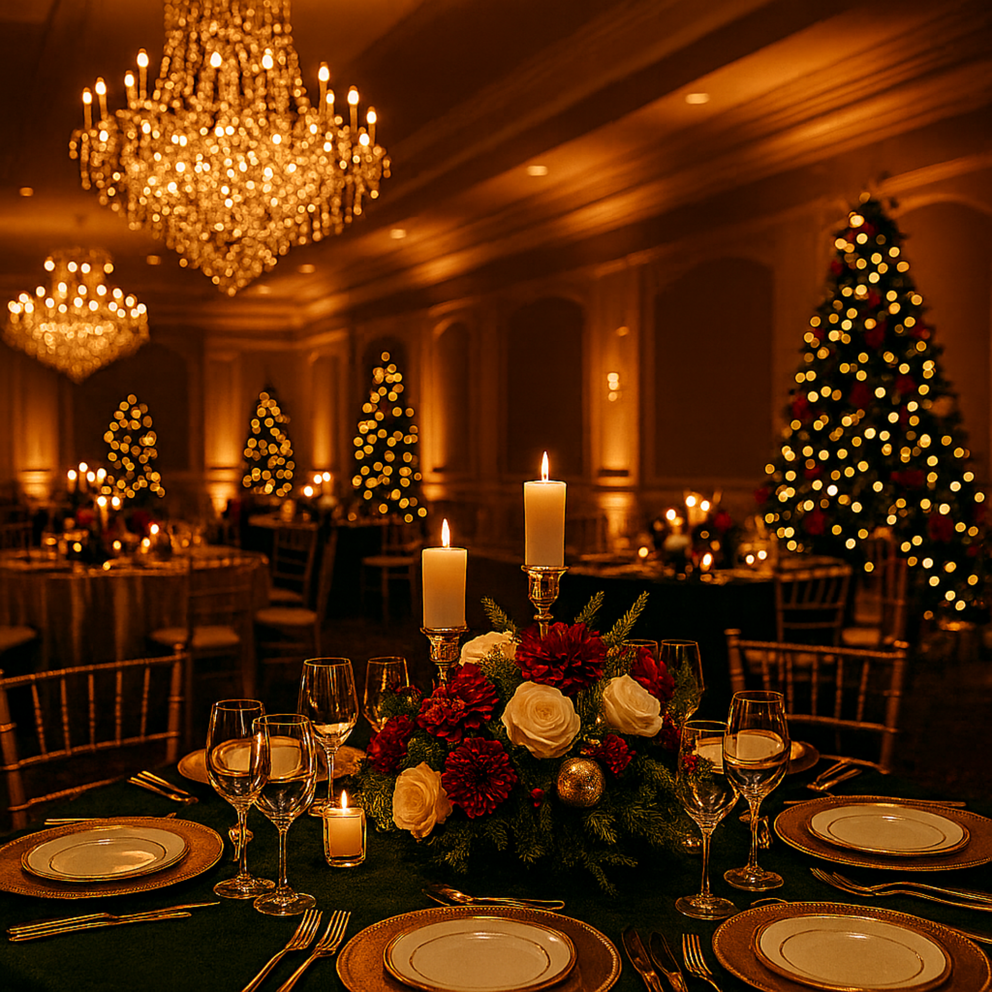 A luxurious holiday table setting in a banquet hall, featuring a dark green tablecloth, gold-rimmed plates, and a centerpiece of red and white flowers with pine boughs and candles. The background is softly lit by sparkling Christmas trees and ambient golden chandeliers.