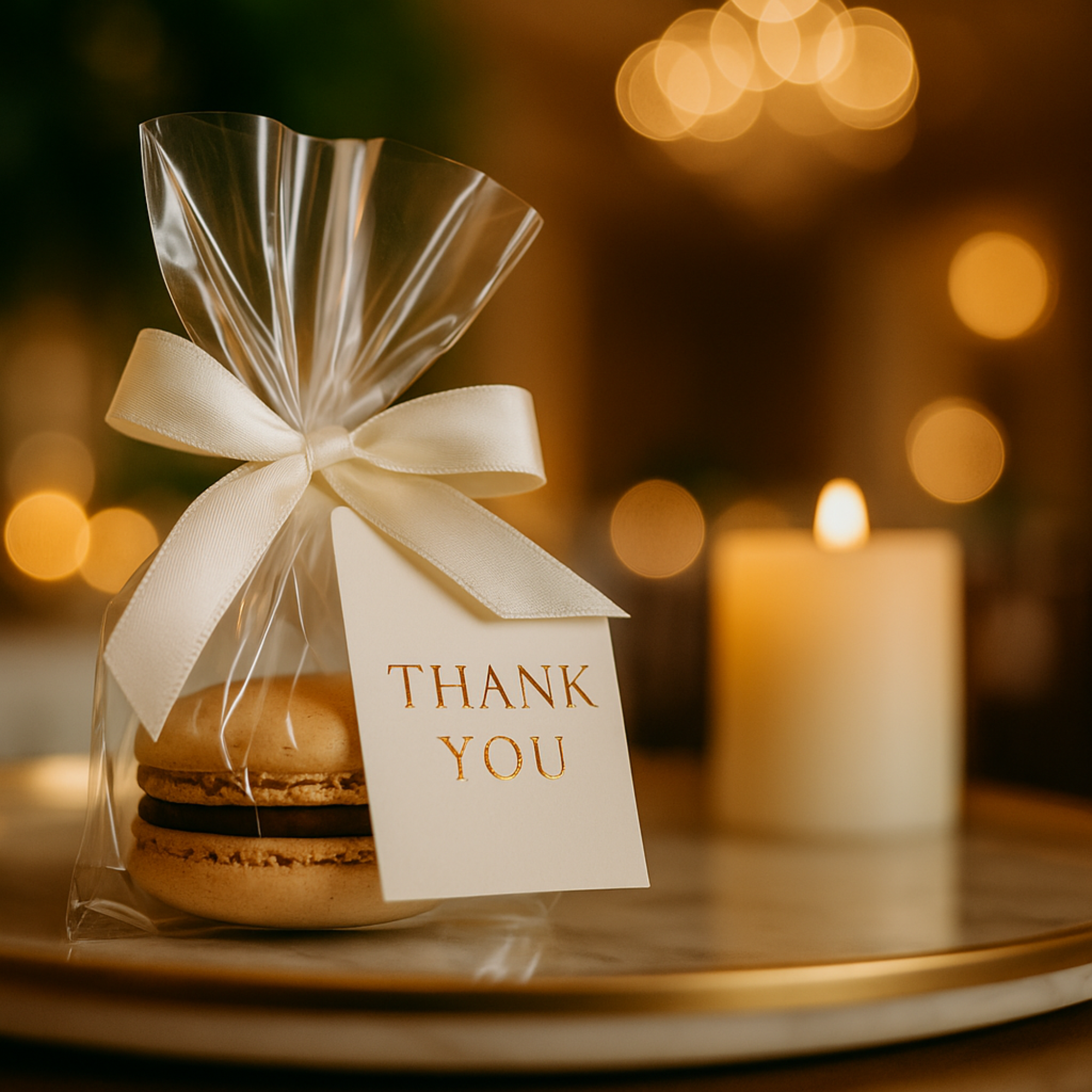 Elegant wedding favor featuring a gold macaron wrapped in clear cellophane with a satin bow and a “Thank You” tag, displayed on a table with warm candlelight.
