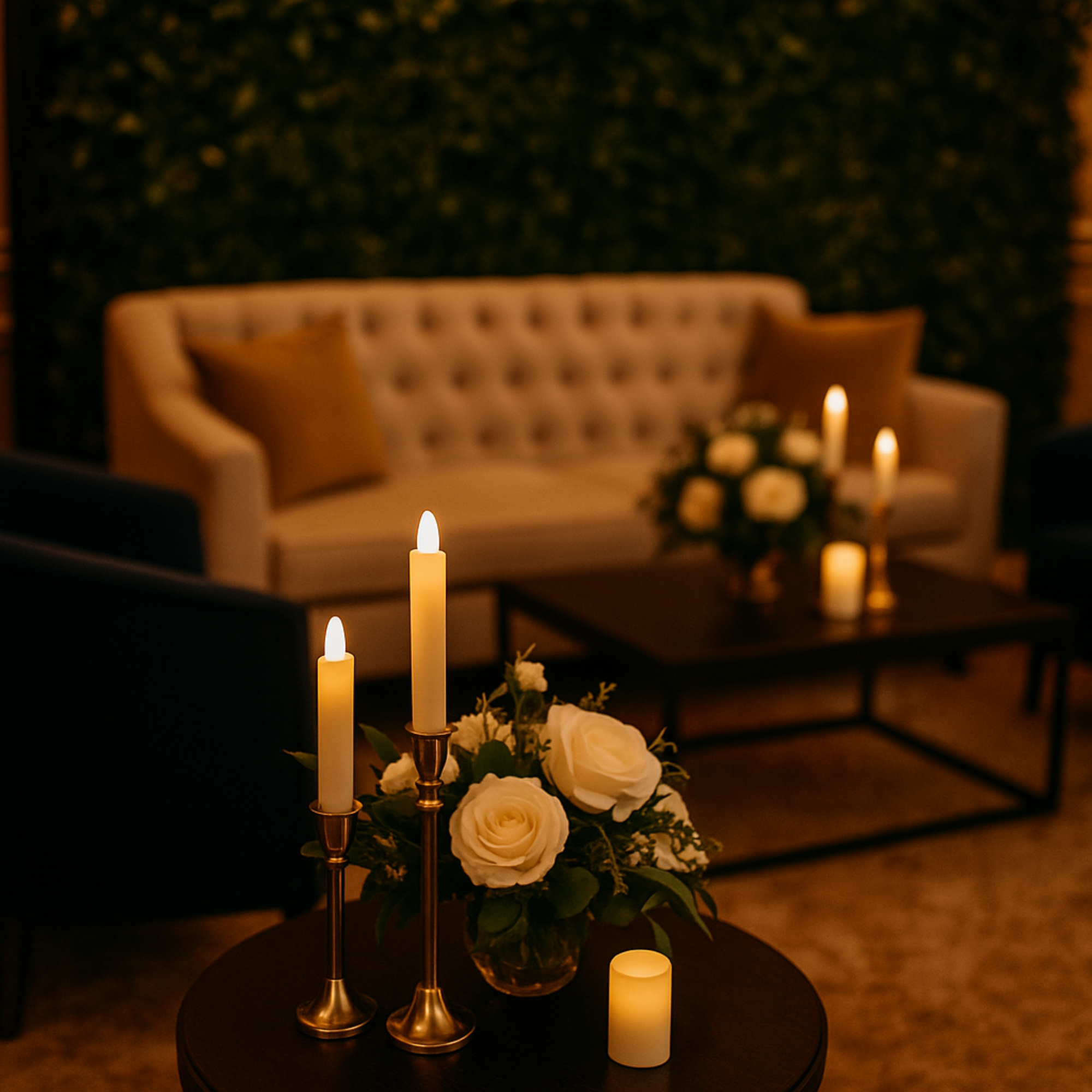 A luxurious micro-event lounge setup at Prestige Banquet Hall featuring plush seating, elegant floral arrangements, and flameless LED candles glowing softly under chandelier light.