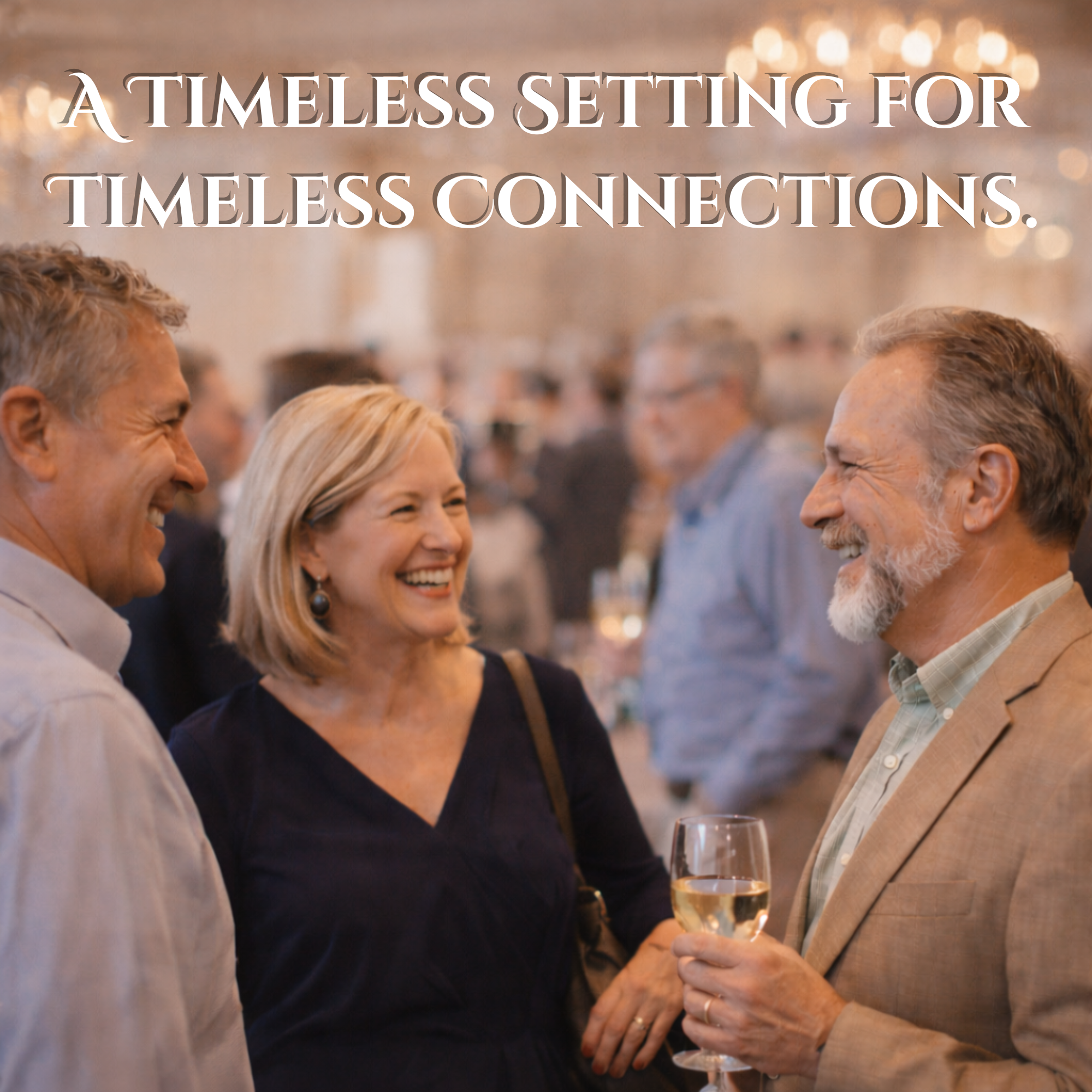 Class reunion guests reconnecting and laughing together at an elegant event inside Prestige Banquet Hall in Allen Park