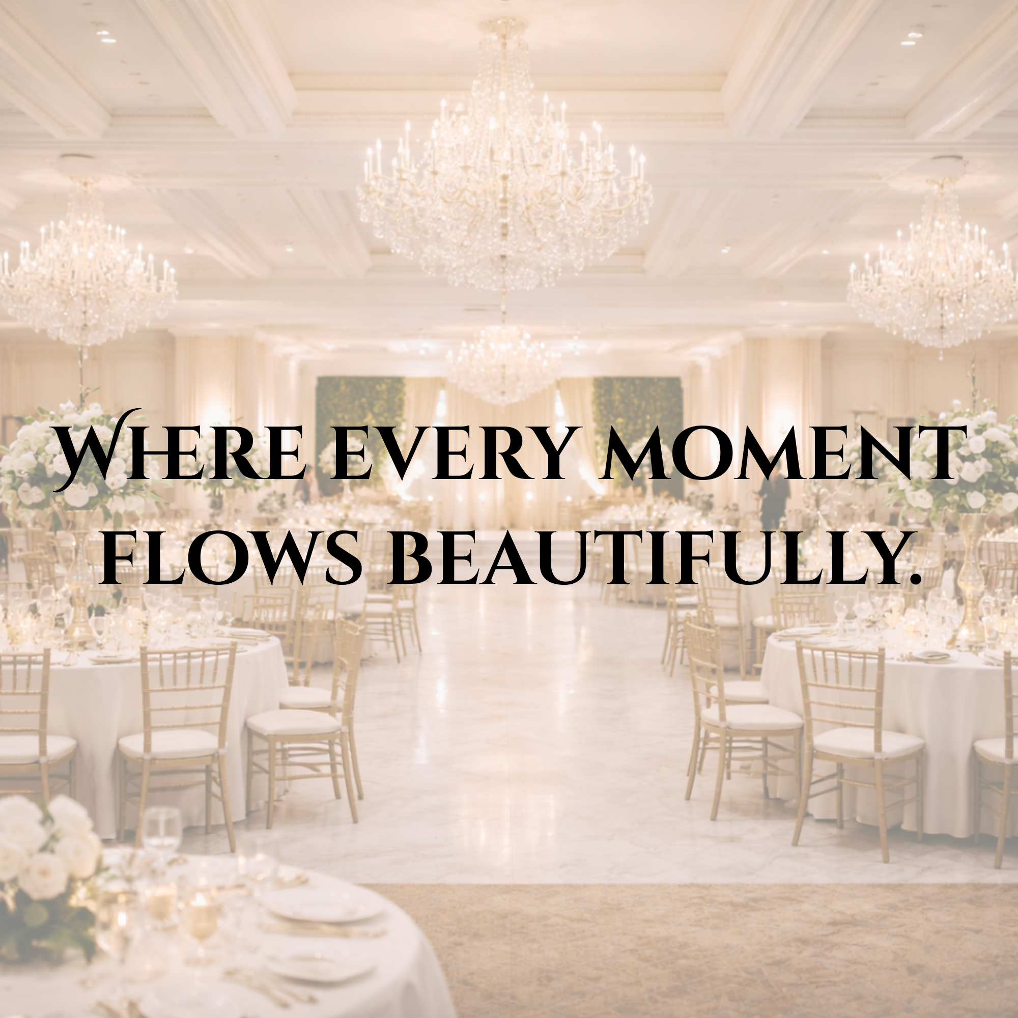 Elegant ballroom at Prestige Banquet Hall featuring crystal chandeliers, formal table settings, and a seamless event layout.