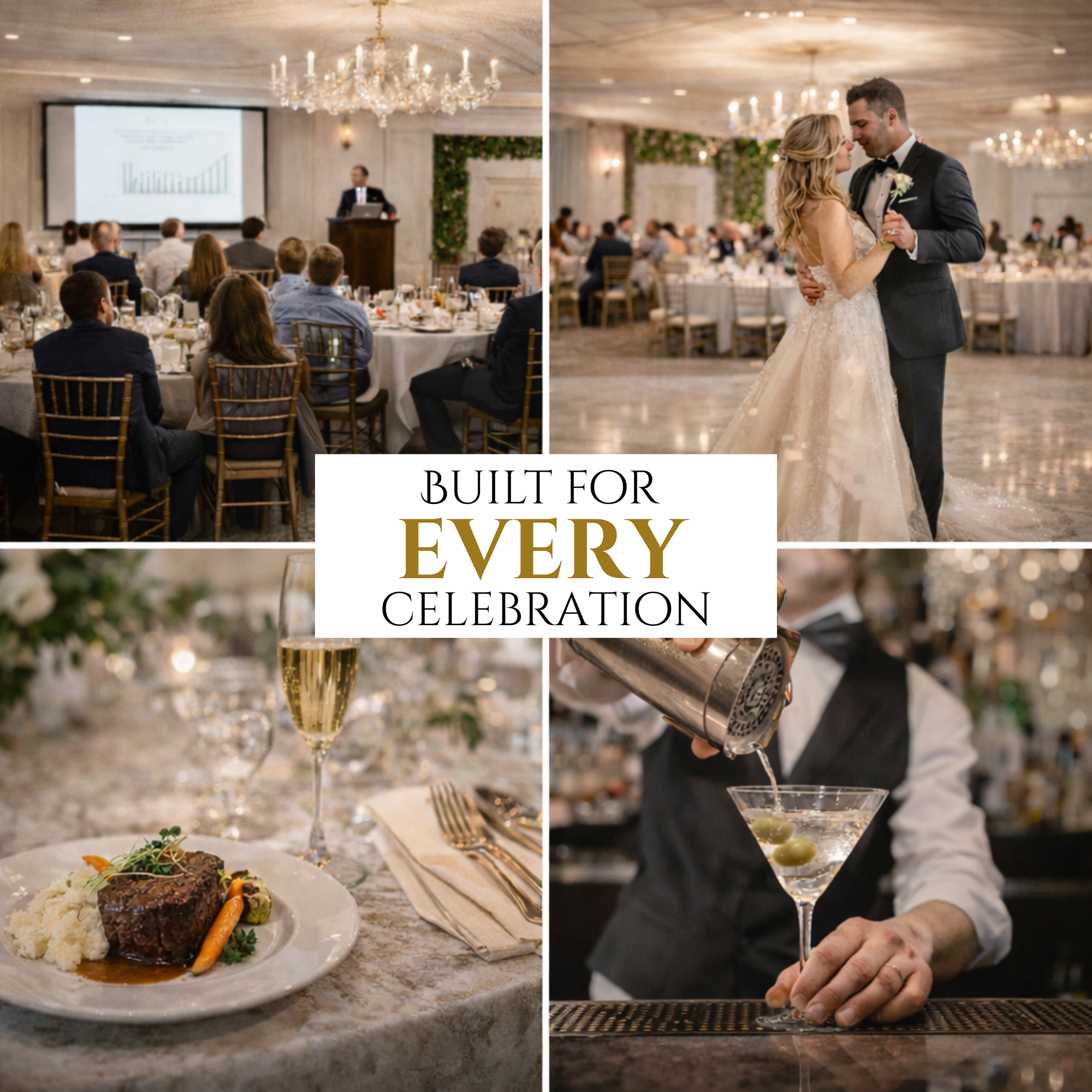 Collage showing a corporate seminar, wedding first dance, plated dinner, and professional bar service inside a luxury banquet hall