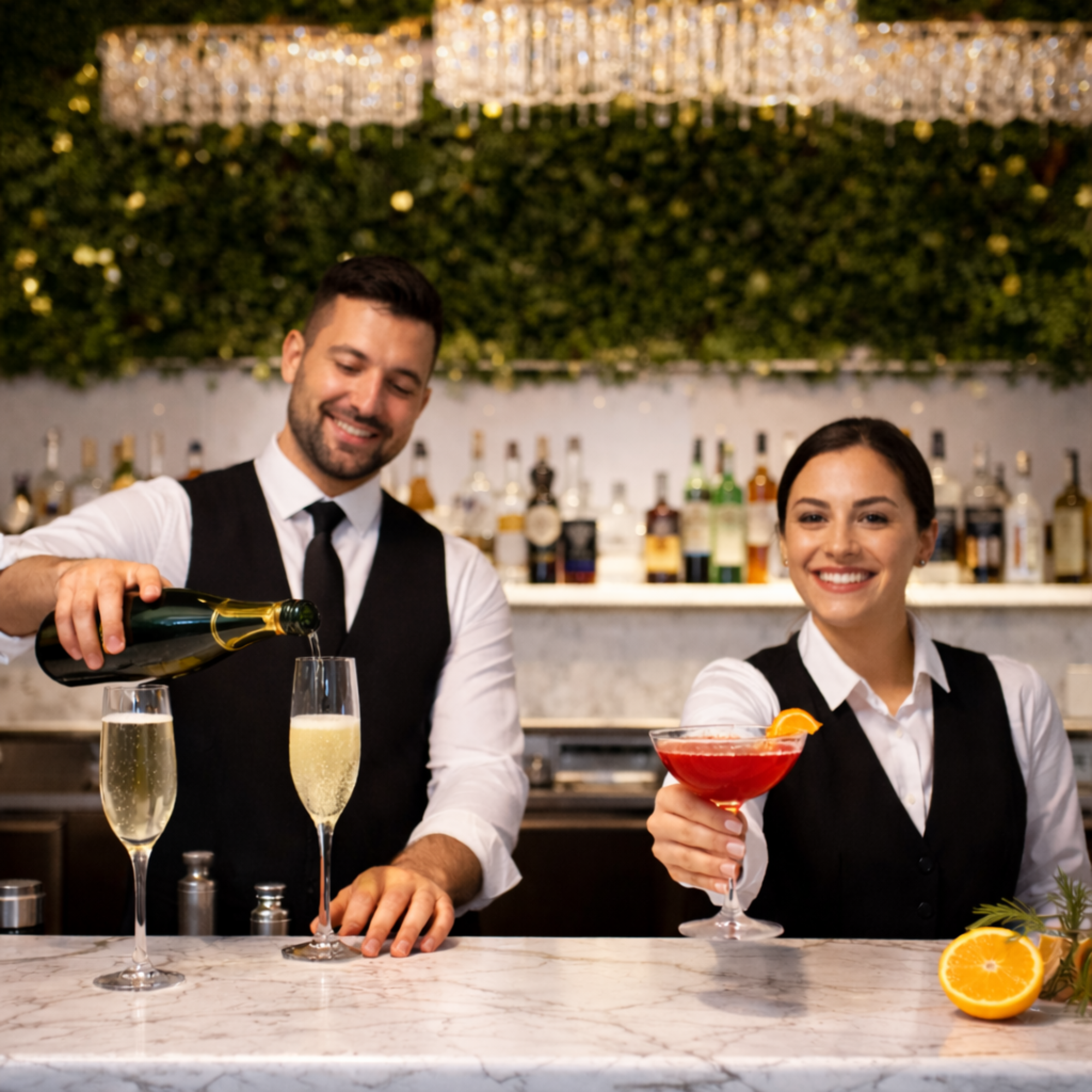 Professional in-house bar service at Prestige Banquet Hall featuring expertly crafted cocktails and elegant glassware