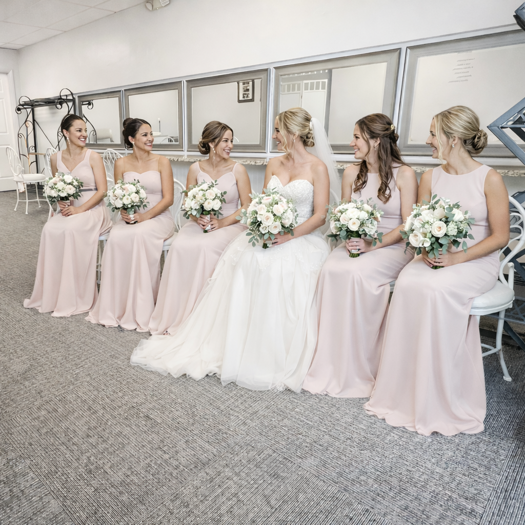 Bride and five bridesmaids in blush dresses sitting in a bridal suite with white chairs and wall mirrors, holding white and greenery bouquets.