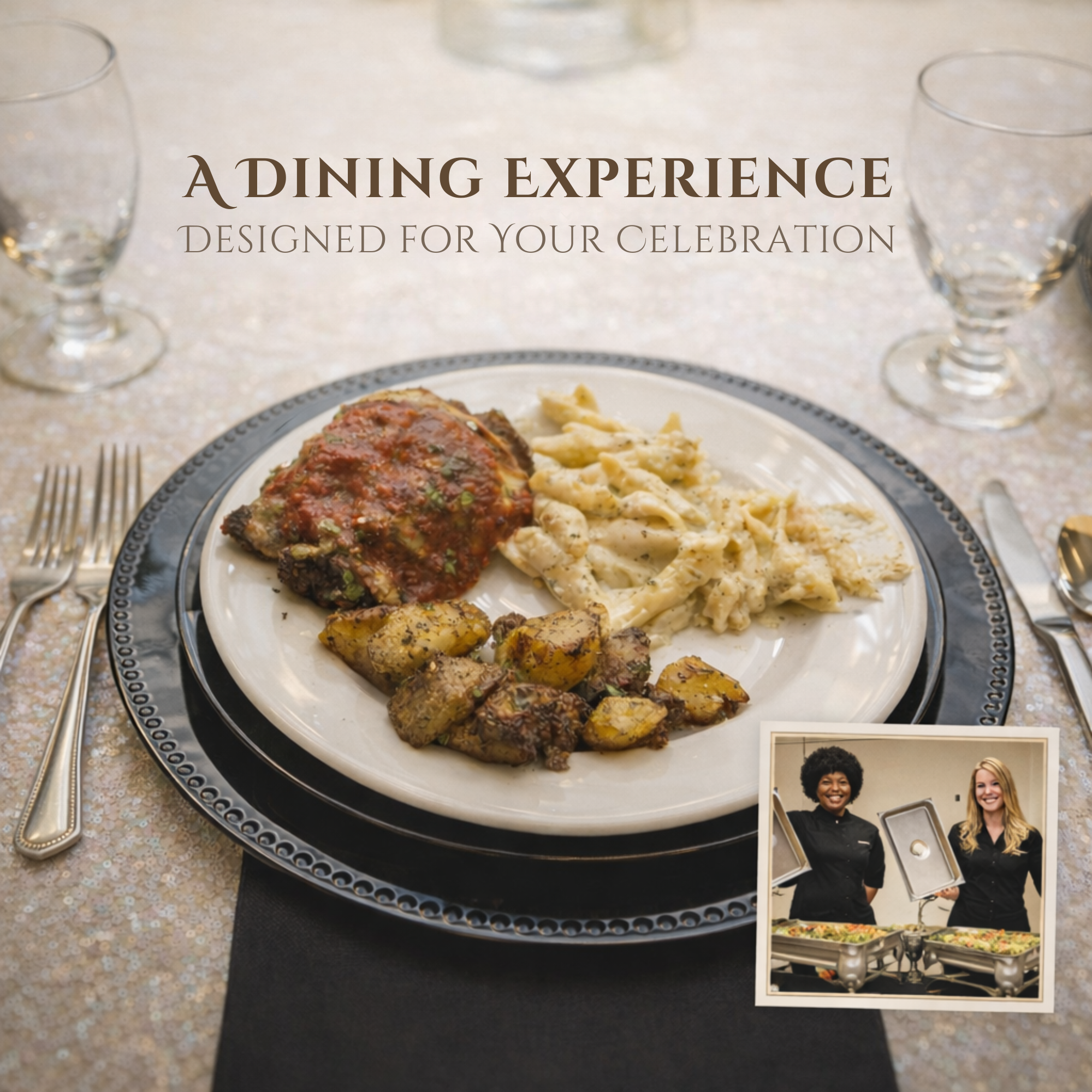 Elegant plated dinner with roasted potatoes, pasta, and chicken alongside a small inset image of a staffed buffet setup at Prestige Banquet Hall in Allen Park, MI.