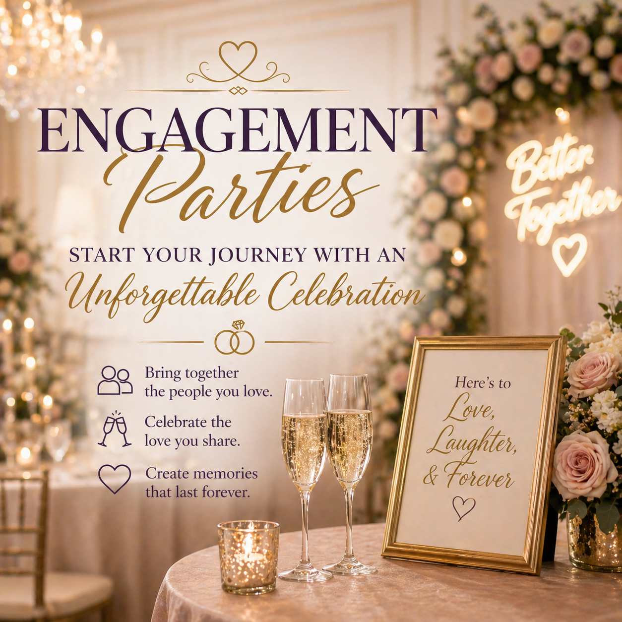 Elegant engagement party setup with champagne glasses, floral décor, and romantic lighting in a banquet hall setting.