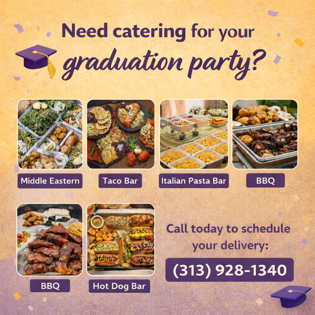 Graduation party catering options including taco bar, pasta bar, BBQ, and Middle Eastern food with call to schedule delivery