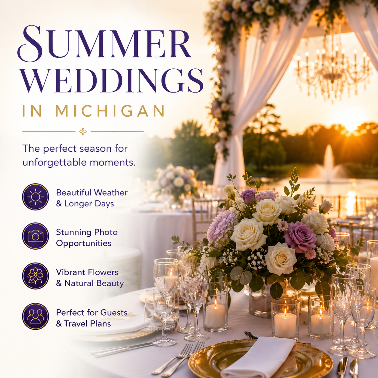 Elegant summer wedding reception setup overlooking a lake at sunset with floral centerpieces, candlelight, and romantic décor, showcasing why summer is a popular wedding season in Michigan.