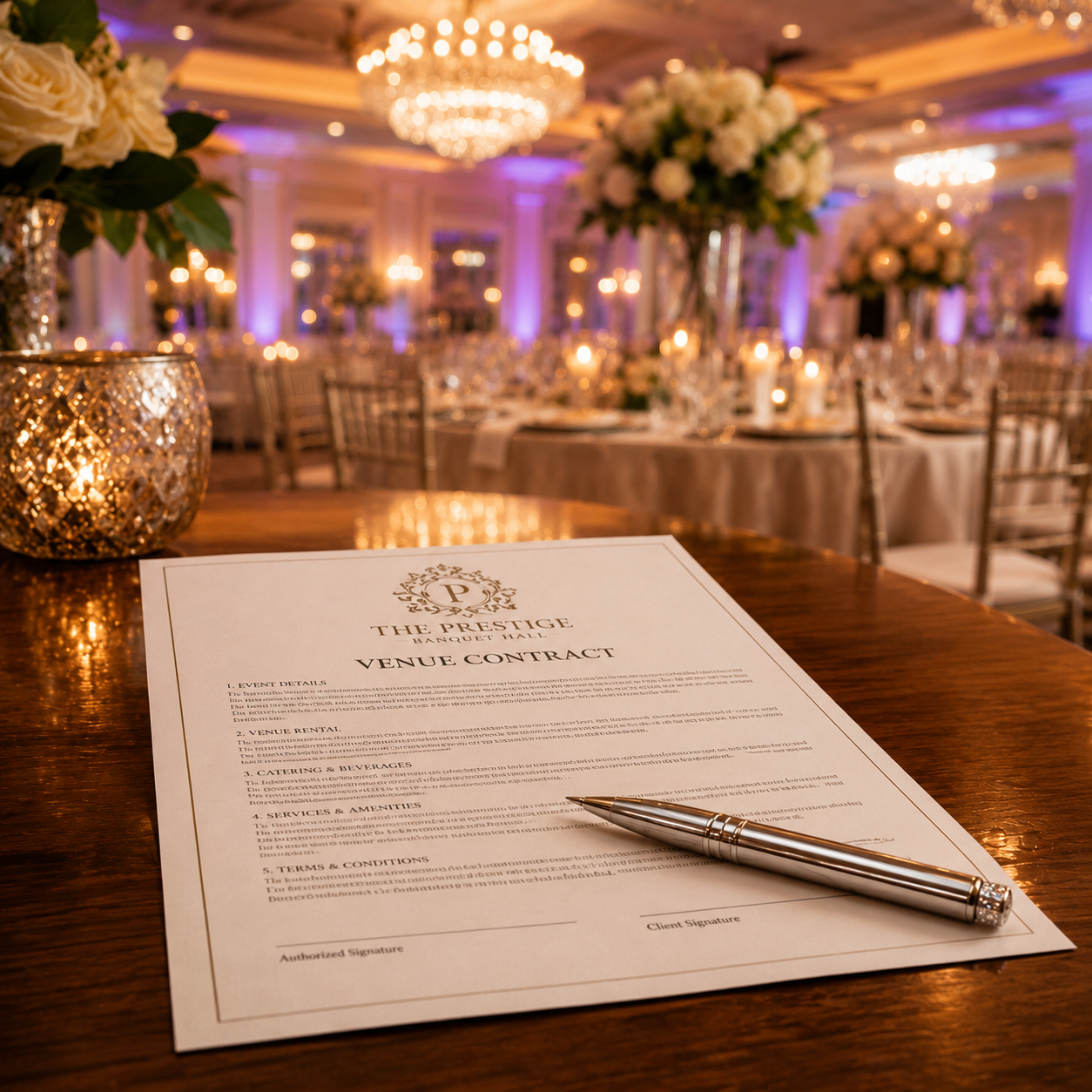 A Prestige Banquet Hall venue contract and pen rest on a polished wooden table, with an elegant ballroom blurred in the background.