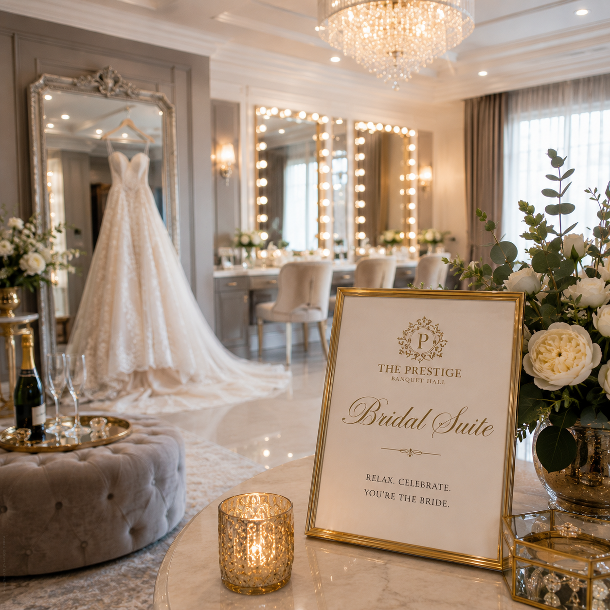 A luxurious bridal suite at The Prestige Banquet Hall, featuring a wedding gown, vanity mirrors with lights, and a "Bridal Suite" sign.