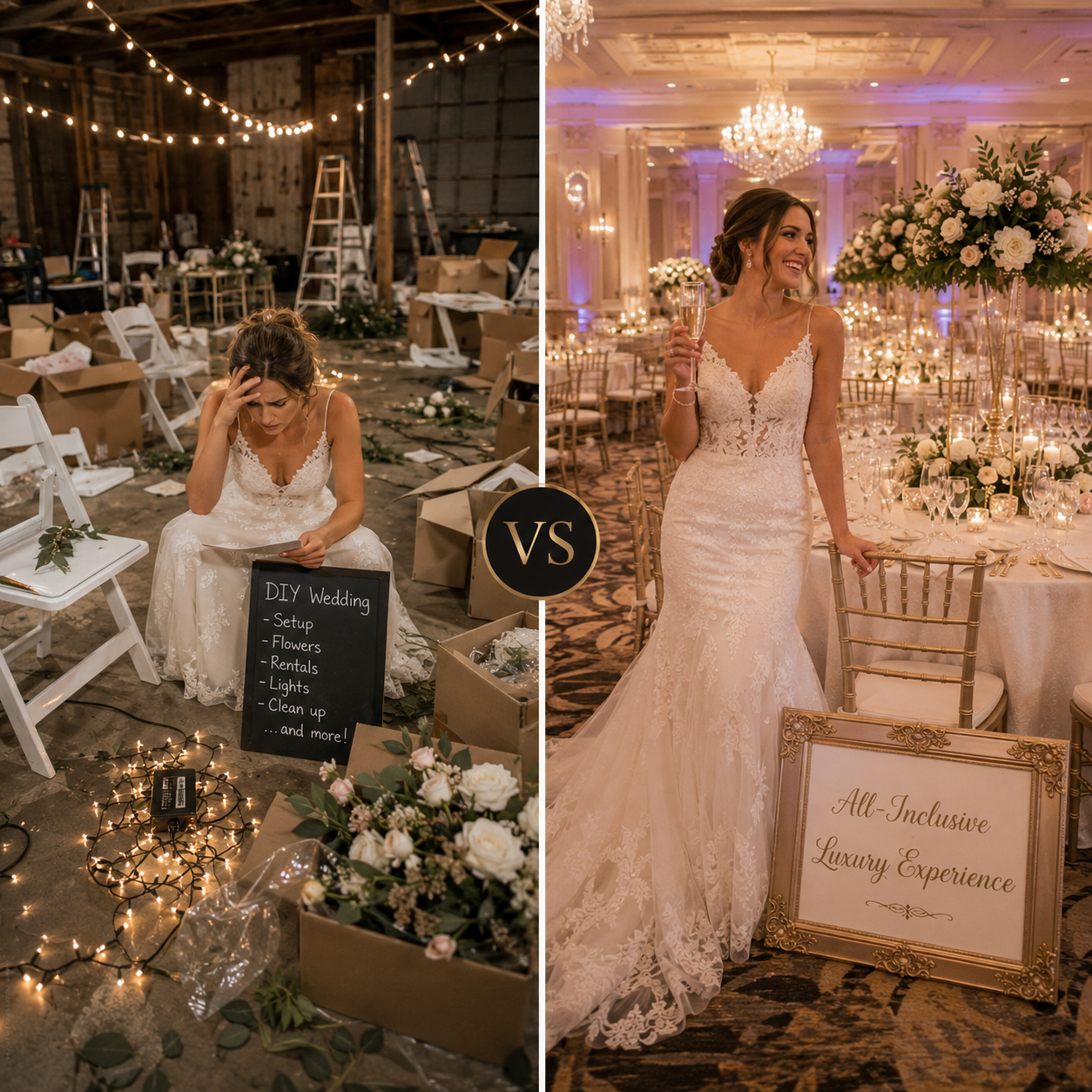 A split image contrasting a stressed bride in a messy DIY venue with a joyful bride holding champagne in a luxurious, fully decorated banquet hall.