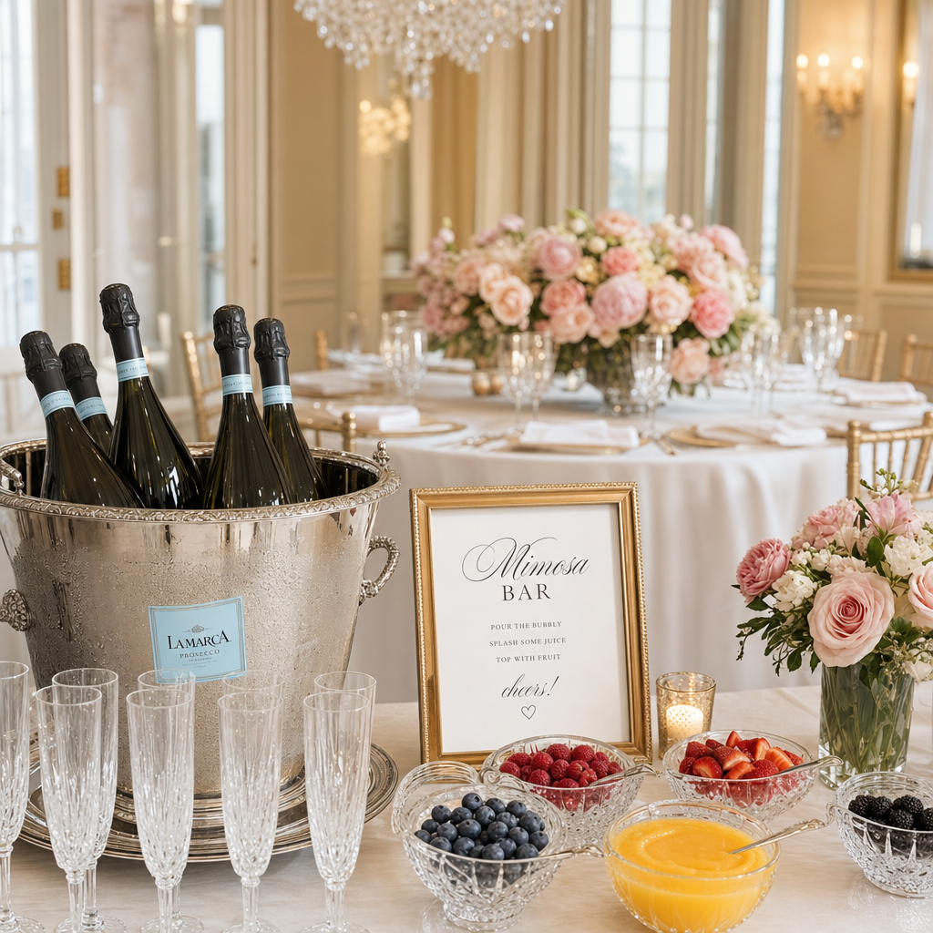A luxurious mimosa bar setup at The Prestige Banquet Hall, featuring bottles of prosecco in a silver ice bucket, crystal flutes, bowls of fresh berries and orange juice, and an elegant "Mimosa Bar" sign. A beautifully set round table with a large floral centerpiece is visible in the background.