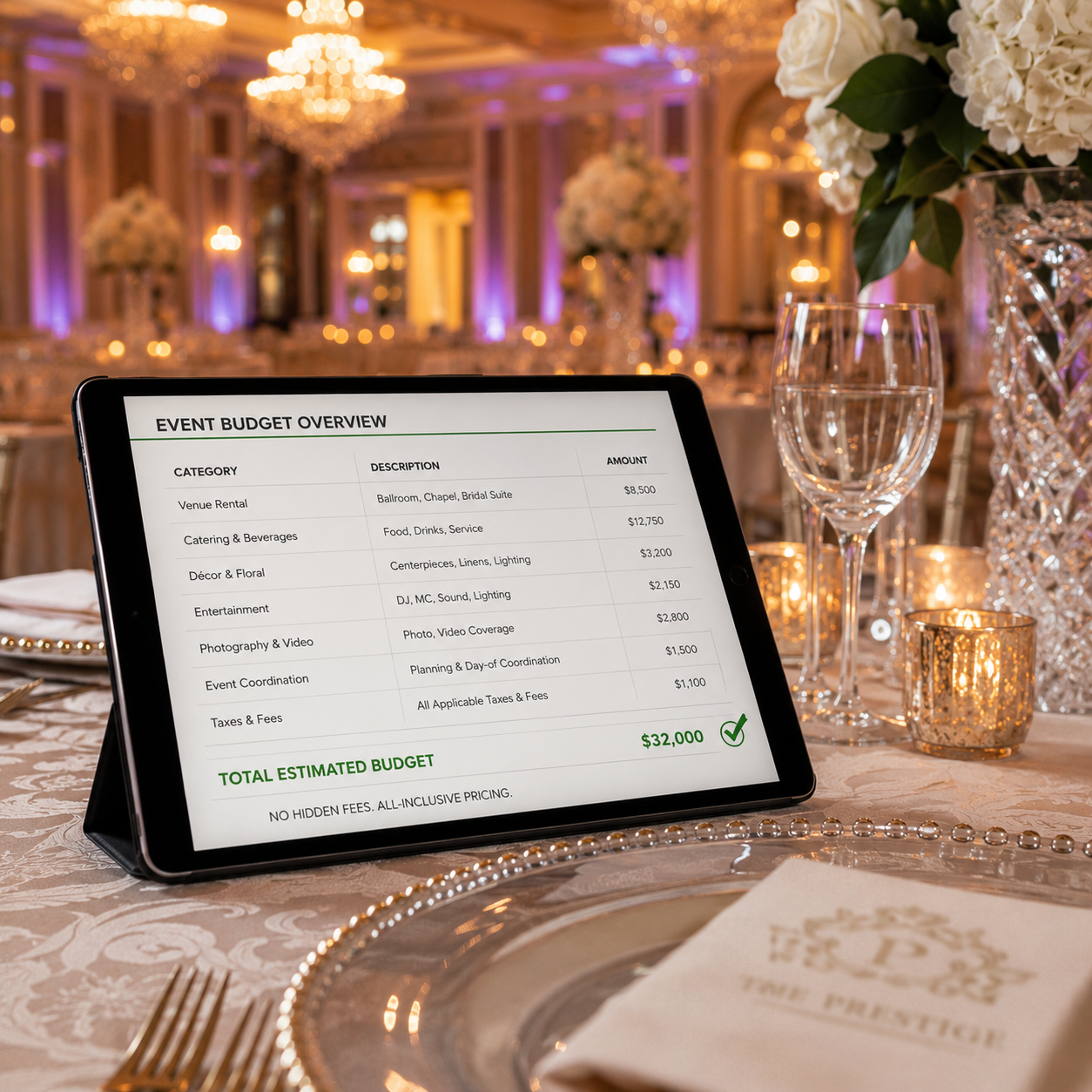 A tablet displaying an event budget overview for The Prestige Banquet Hall, showing categories like venue rental, catering, decor, and photography, with a total estimated budget of $32,000 and the assurance of "NO HIDDEN FEES. ALL-INCLUSIVE PRICING." The tablet rests on an elegantly set table with a crystal glass, flickering candles, and a floral centerpiece, all against a blurred backdrop of a luxurious ballroom.