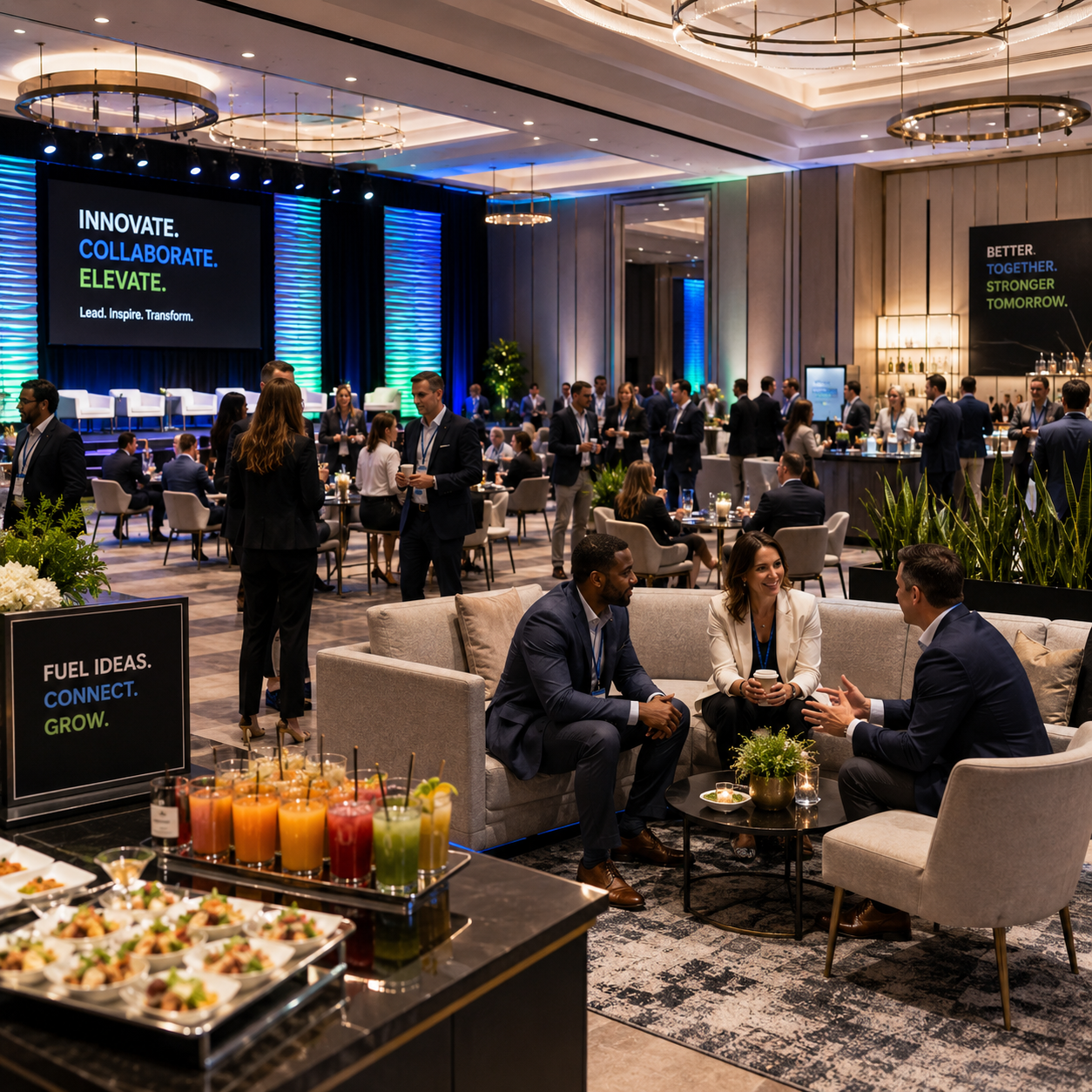 Professionals network at a corporate event in a luxurious banquet hall, featuring a large screen displaying "INNOVATE. COLLABORATE. ELEVATE." and a bar area.