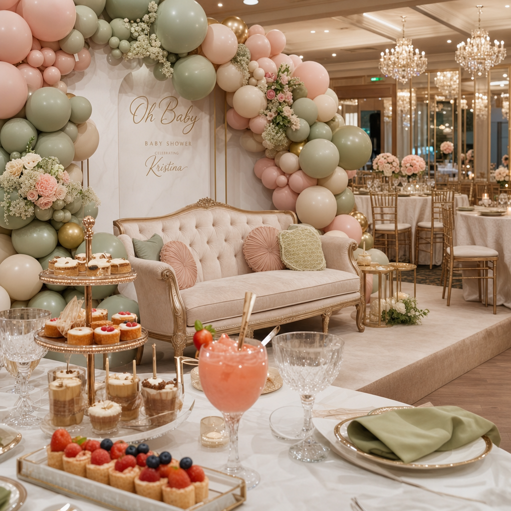 A luxurious baby shower setup at The Prestige Banquet Hall, featuring a blush pink and sage green balloon arch, an elegant cream settee, and a table laden with gourmet desserts and drinks.