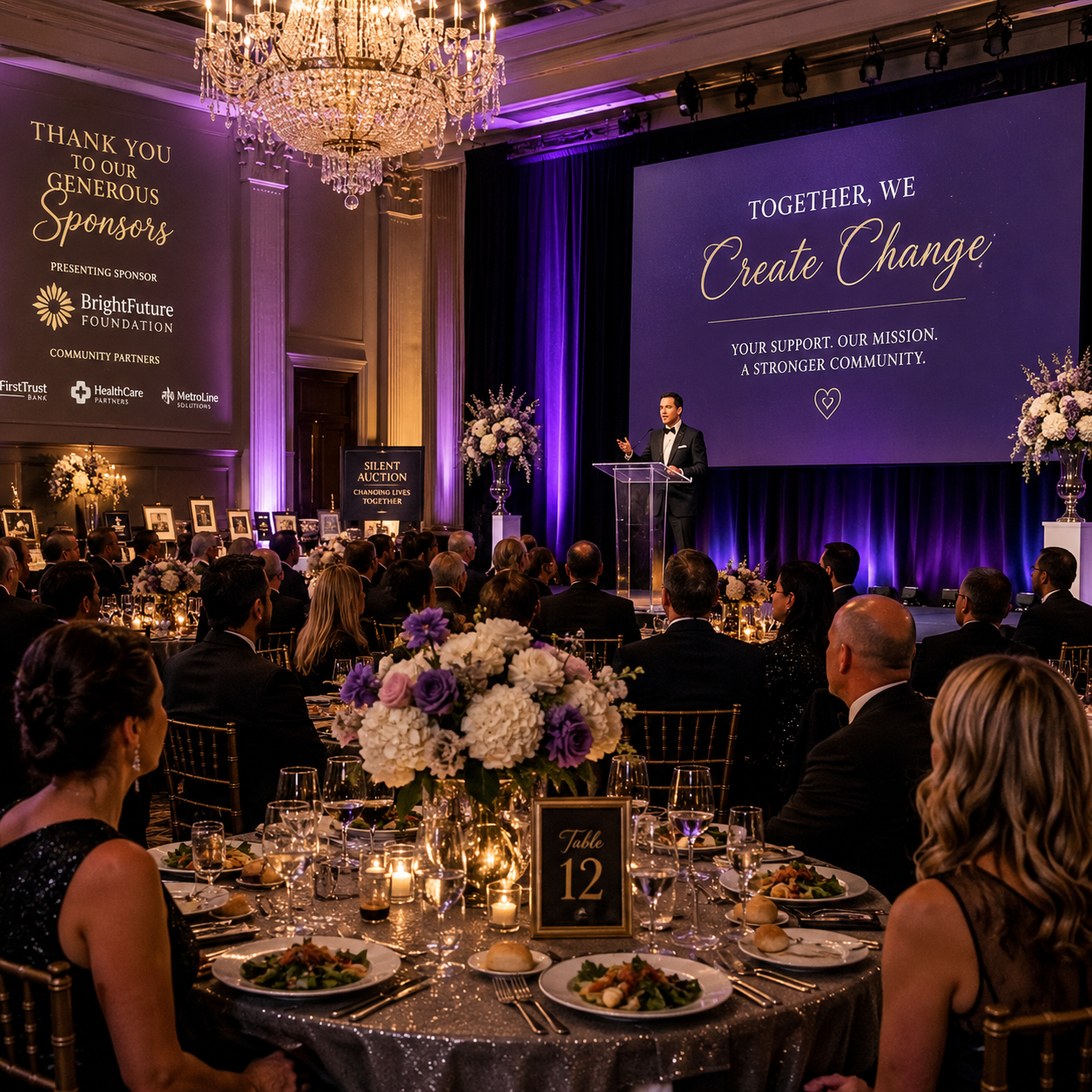 A formal gala in a grand ballroom. A speaker addresses a seated audience from a podium, with a large screen displaying "Together, We Create Change" behind him. Guests are seated at elegantly set tables with floral centerpieces.