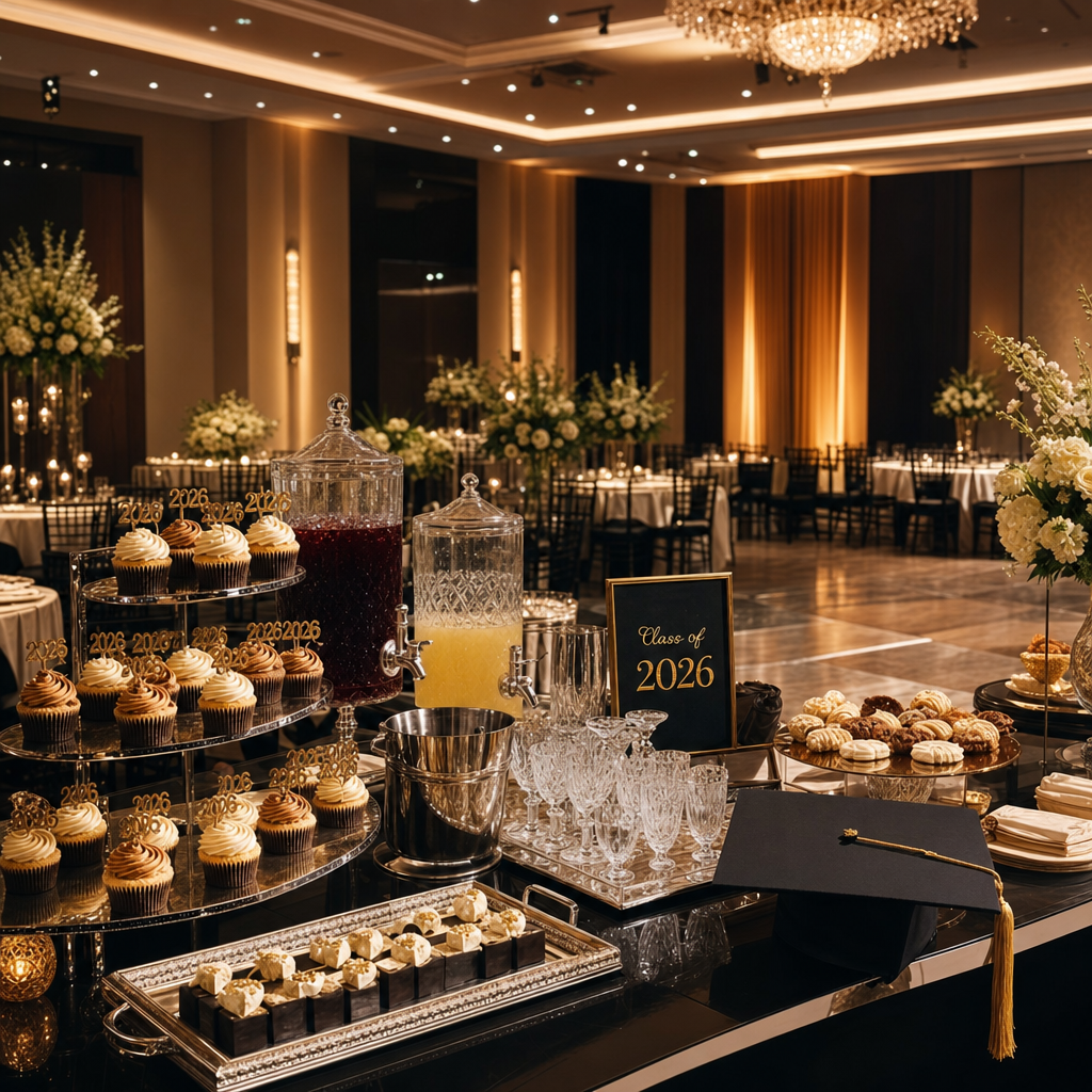 A luxurious dessert and beverage station for a graduation party, featuring cupcakes with '2026' toppers, gourmet cookies, and elegant drink dispensers, set against a backdrop of beautifully arranged tables in a grand banquet hall.