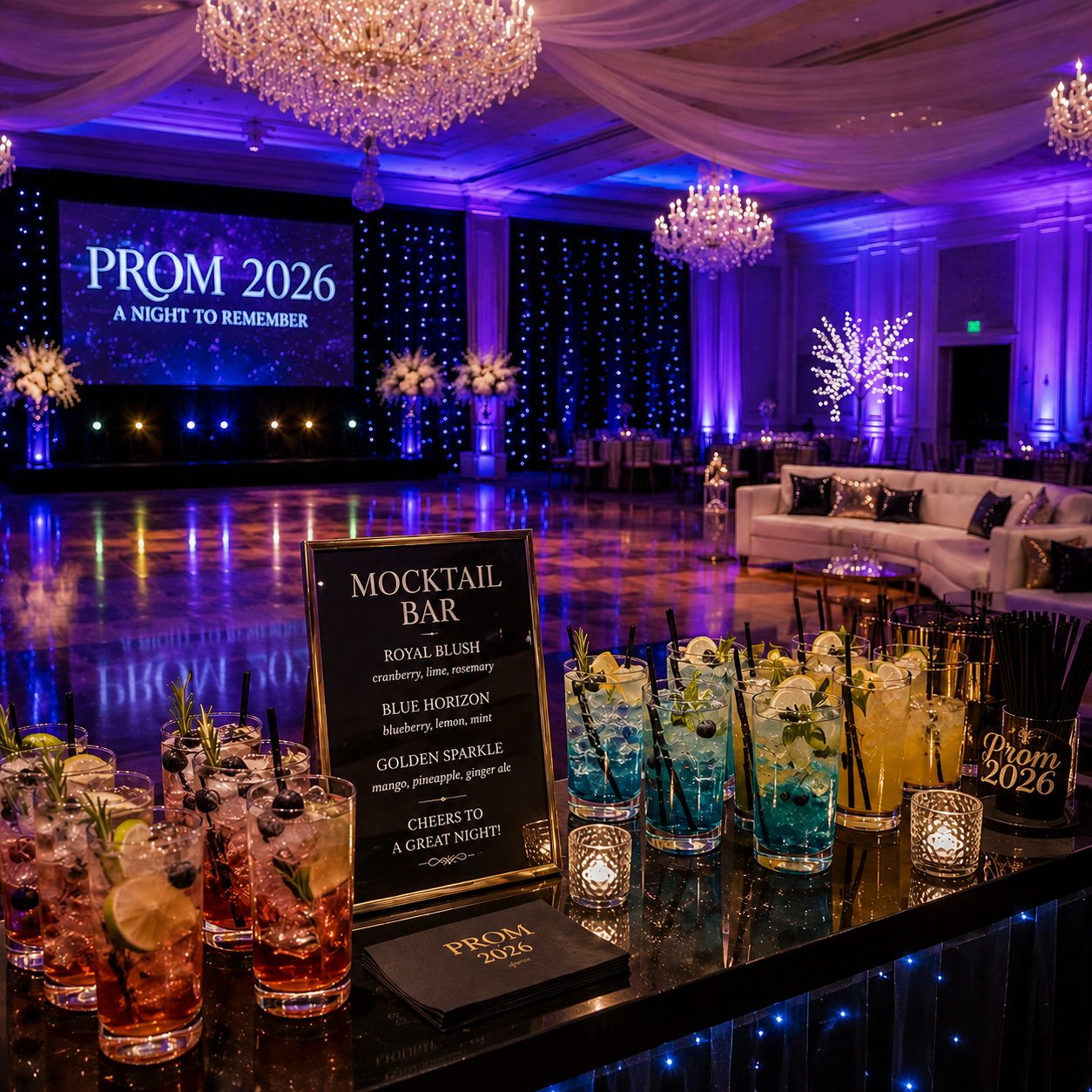 A luxurious ballroom set for a prom, featuring a mocktail bar with colorful drinks, a large screen displaying "PROM 2026 A NIGHT TO REMEMBER," and elegant purple lighting.