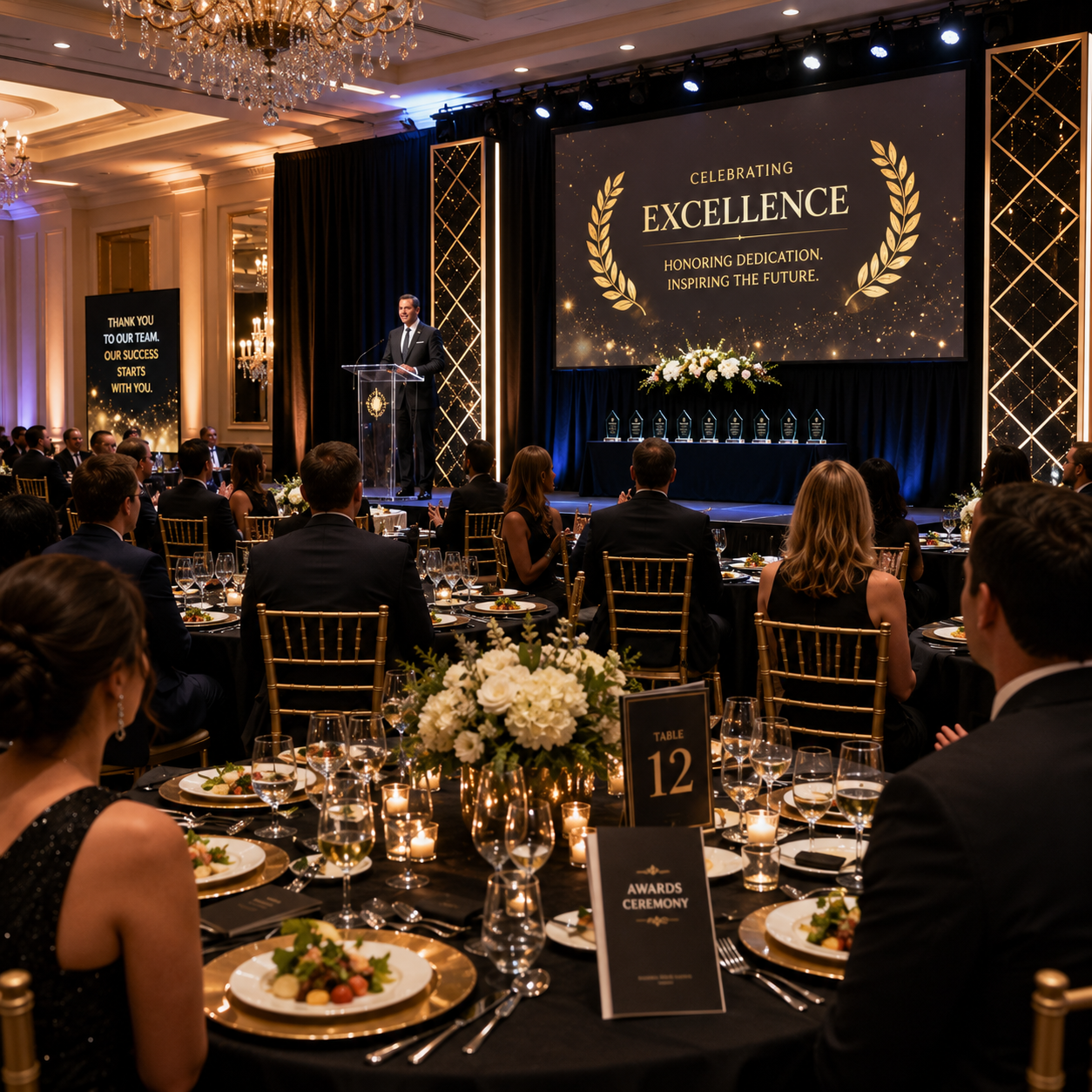 A formal awards ceremony in a grand ballroom, with a speaker at a podium on stage addressing elegantly dressed guests seated at round tables.
