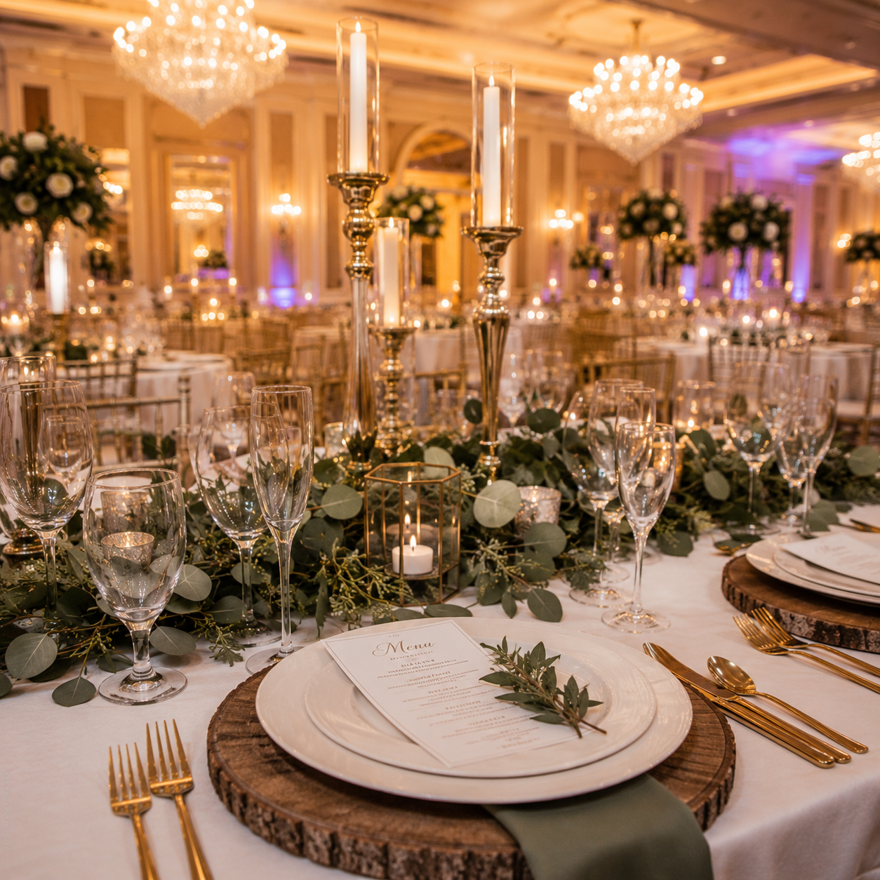 Elegantly set banquet table at The Prestige, featuring gold flatware, wood chargers, lush greenery, and tall candle centerpieces.