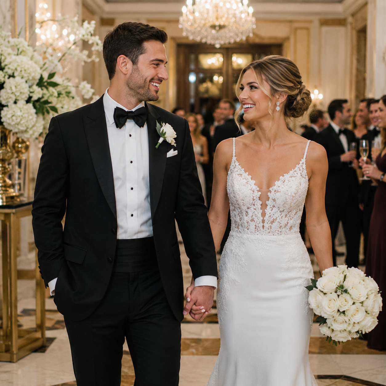 A radiant bride in a lace gown and groom in a tuxedo hold hands, smiling at each other while walking through a luxurious banquet hall with elegant chandeliers and white floral arrangements. Guests mingle in the softly lit background.