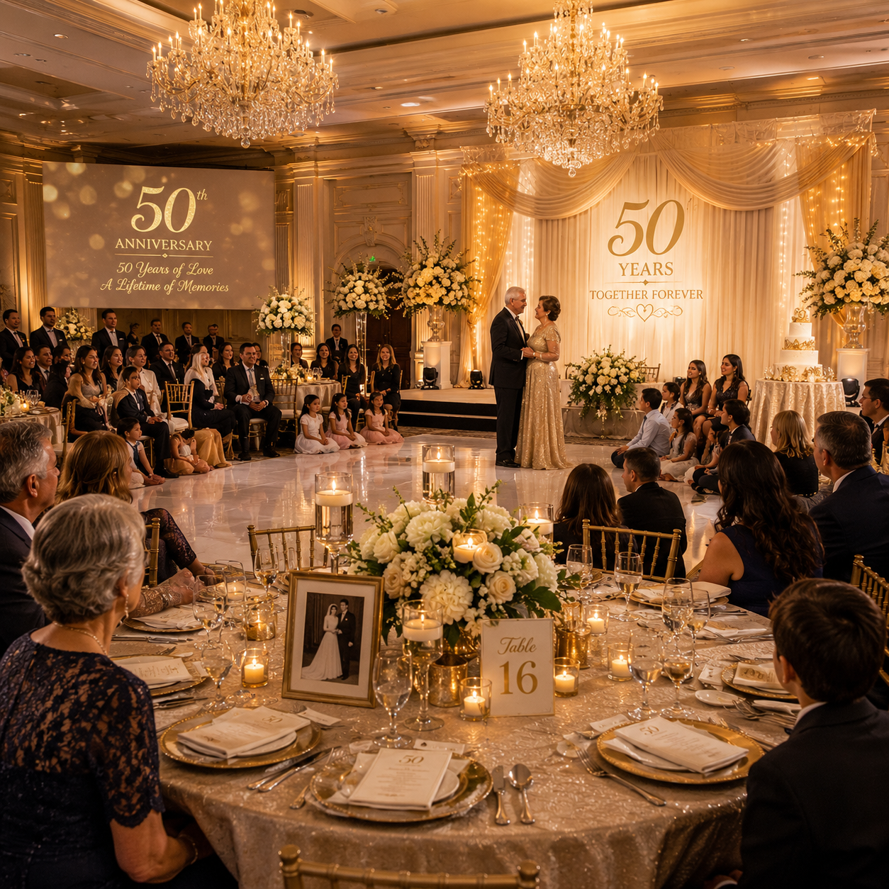A couple in formal attire dances on a white floor, surrounded by family and friends, celebrating their 50th anniversary at The Prestige Banquet Hall.