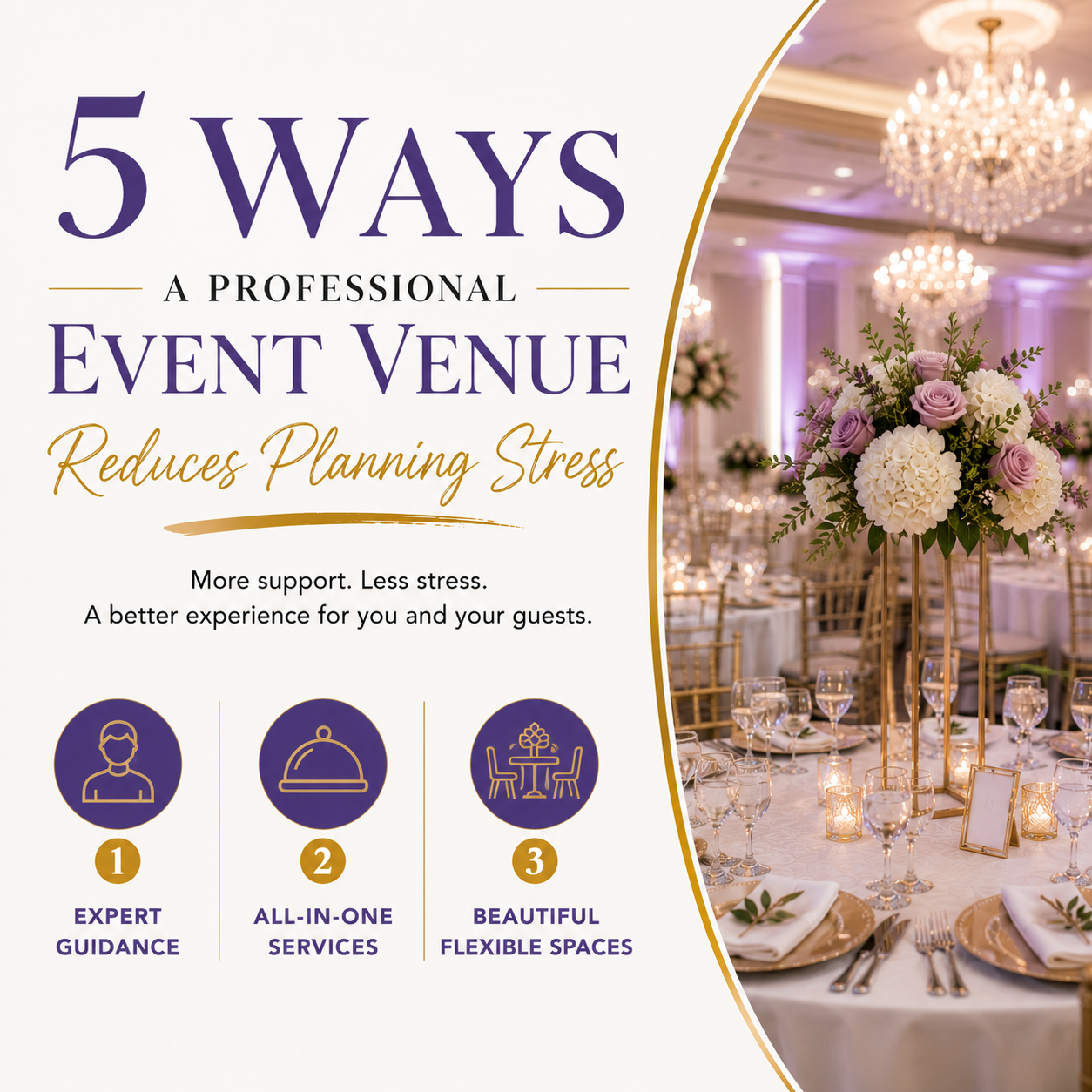 Elegant banquet hall setup at The Prestige Banquet Hall in Allen Park highlighting how a professional event venue reduces planning stress through expert guidance, all-in-one services, and flexible event spaces for weddings, corporate events, and private celebrations.
