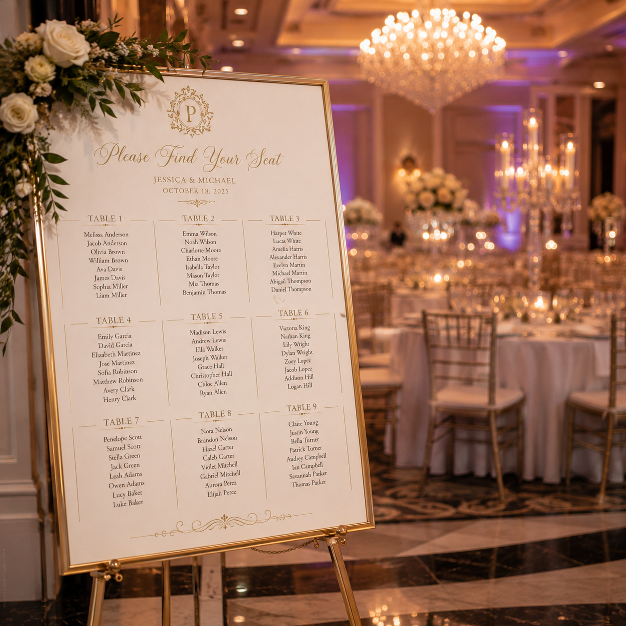 A sophisticated gold-framed seating chart for "Jessica & Michael, October 18, 2025" stands elegantly, adorned with white roses and greenery, in front of a softly lit, luxurious banquet hall.