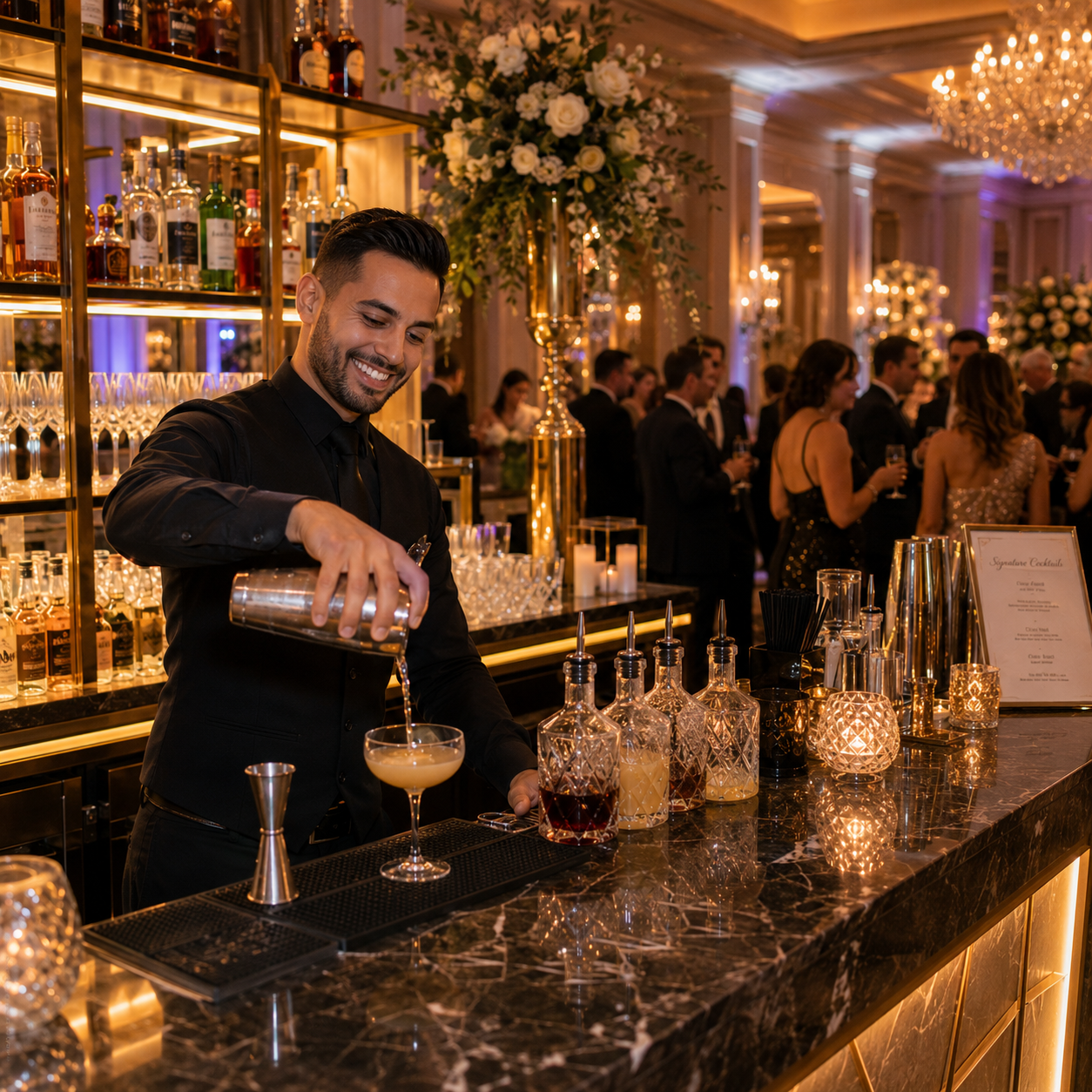 A smiling bartender in a black vest and tie pours a cocktail from a shaker into a coupe glass at a luxurious black marble bar, with bottles of liquor on shelves behind him and elegantly dressed guests mingling in the softly lit ballroom.