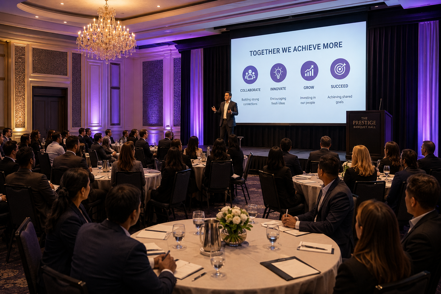 A speaker presents on stage to an attentive audience seated at round tables in The Prestige Banquet Hall, with a large screen displaying "TOGETHER WE ACHIEVE MORE" and key corporate values.