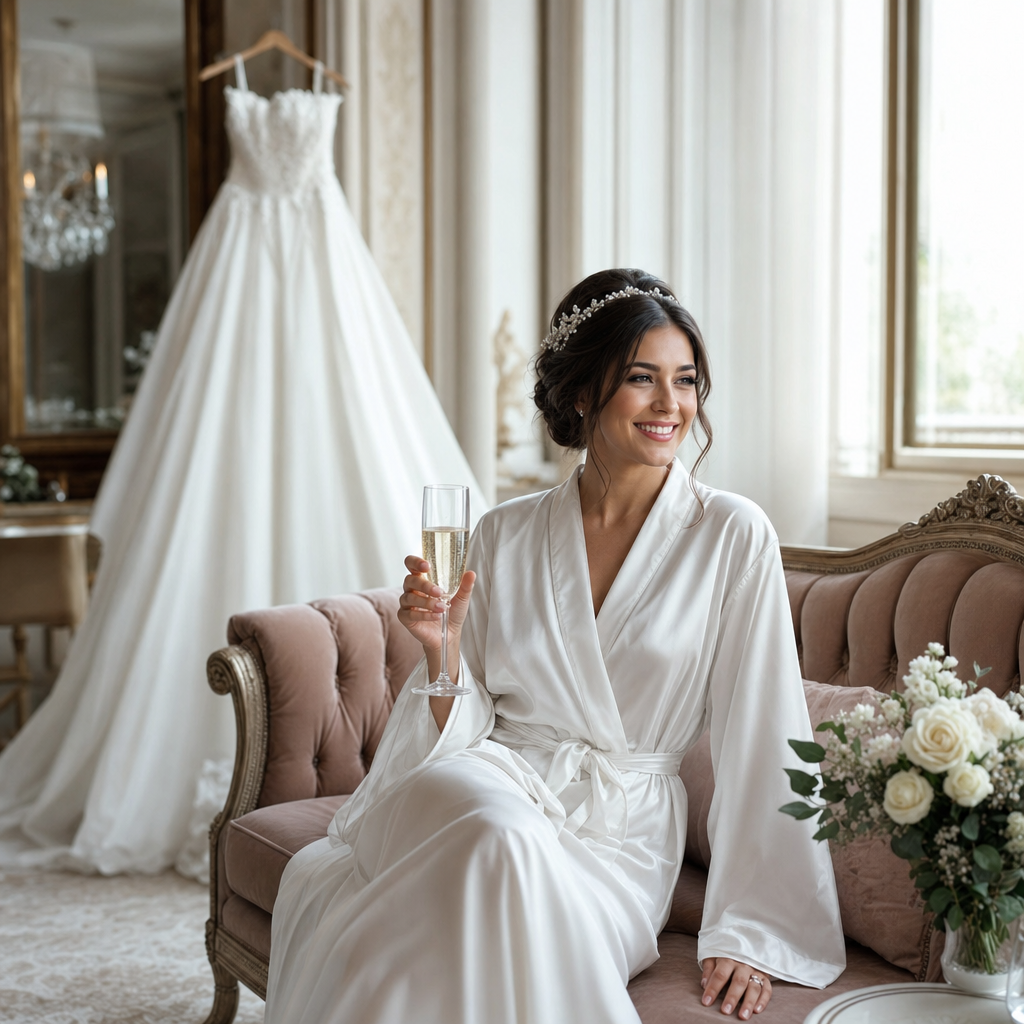 A radiant bride in a white silk robe, holding a champagne flute, sits on an elegant blush pink sofa. Her wedding gown hangs nearby in a luxurious bridal suite at The Prestige Banquet Hall.