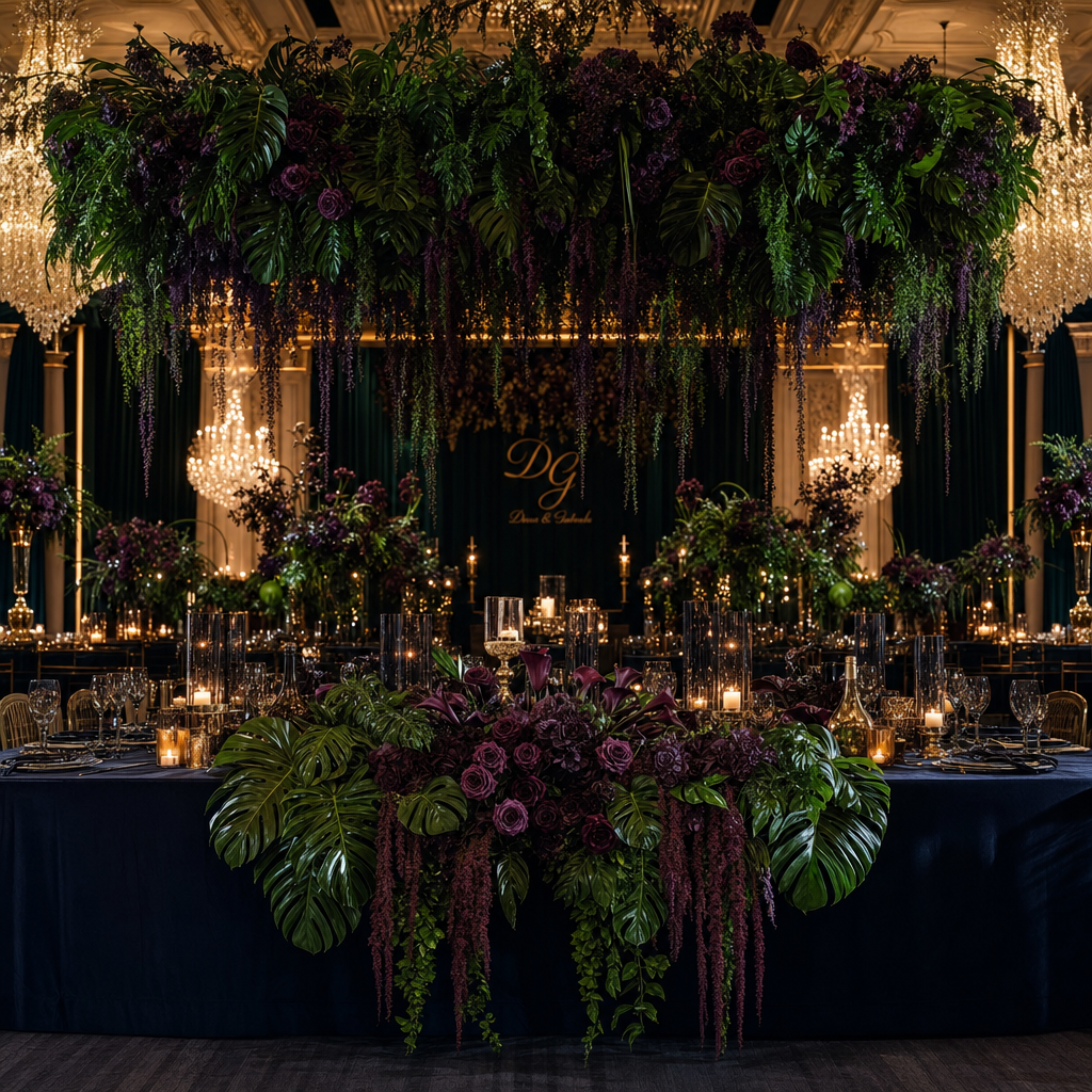 A luxurious wedding reception table at The Prestige Banquet Hall, adorned with a dramatic overhead floral installation of deep green foliage and rich purple flowers, complemented by candlelight and elegant place settings.