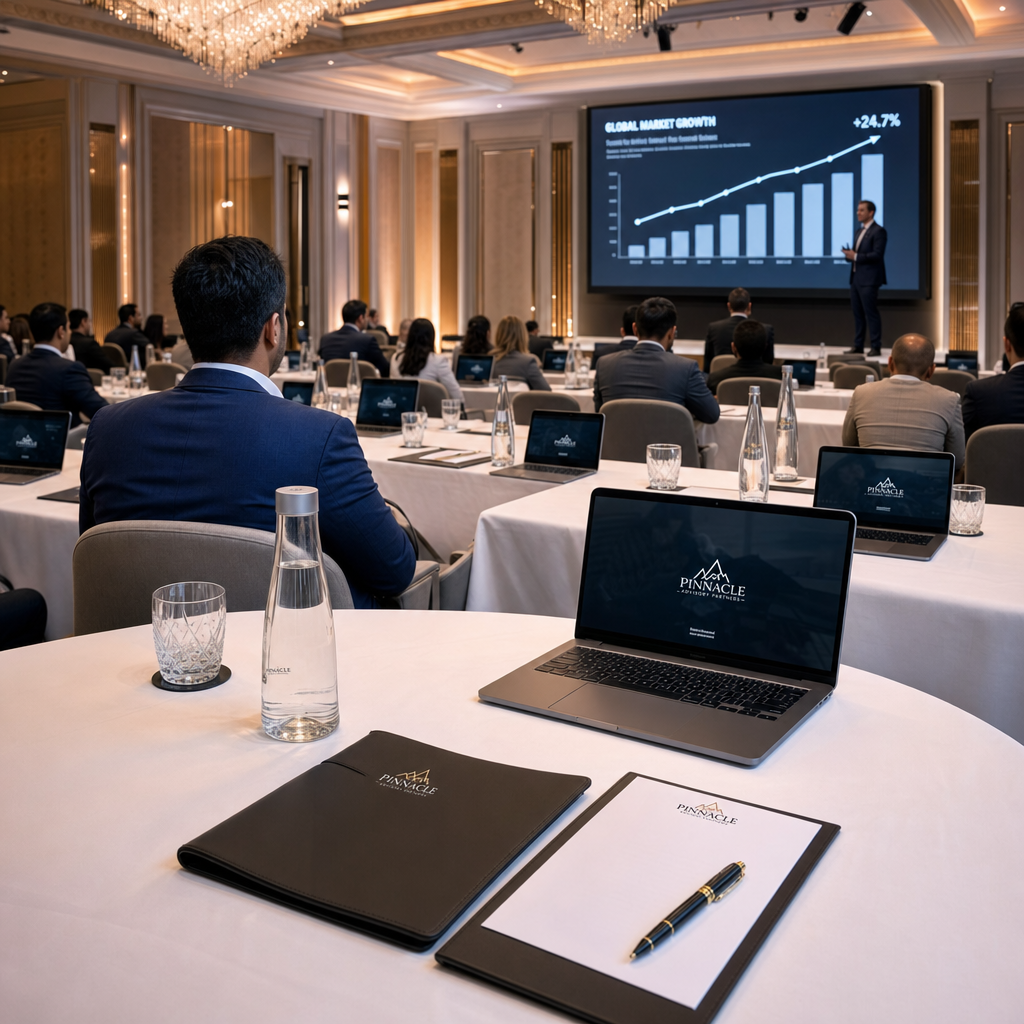 Attendees at a corporate seminar watch a speaker present a "Global Market Growth" chart on a large screen in a luxurious ballroom.