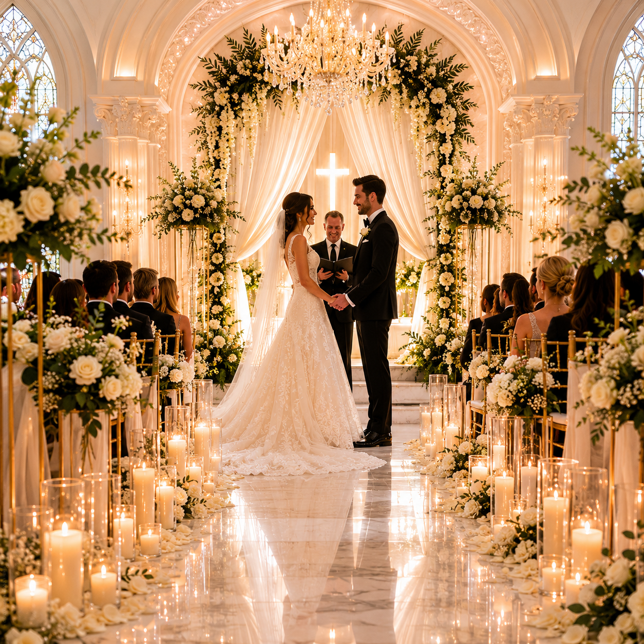 A bride and groom hold hands at the altar of a luxurious, light-filled wedding chapel, adorned with white floral arrangements and glowing candles.