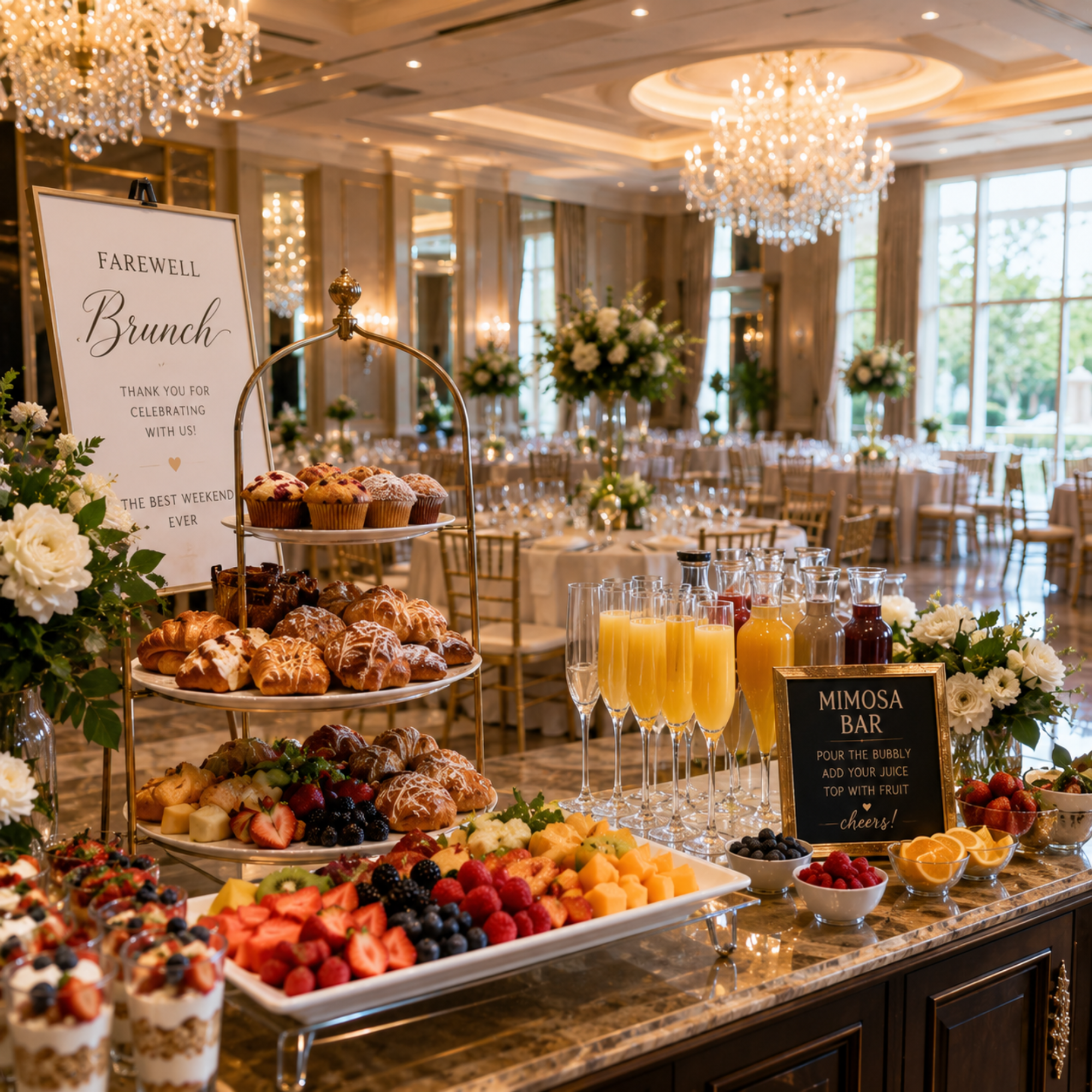 Elegant brunch buffet with pastries, fruit, mimosas, and a 'Farewell Brunch' sign in a grand ballroom.