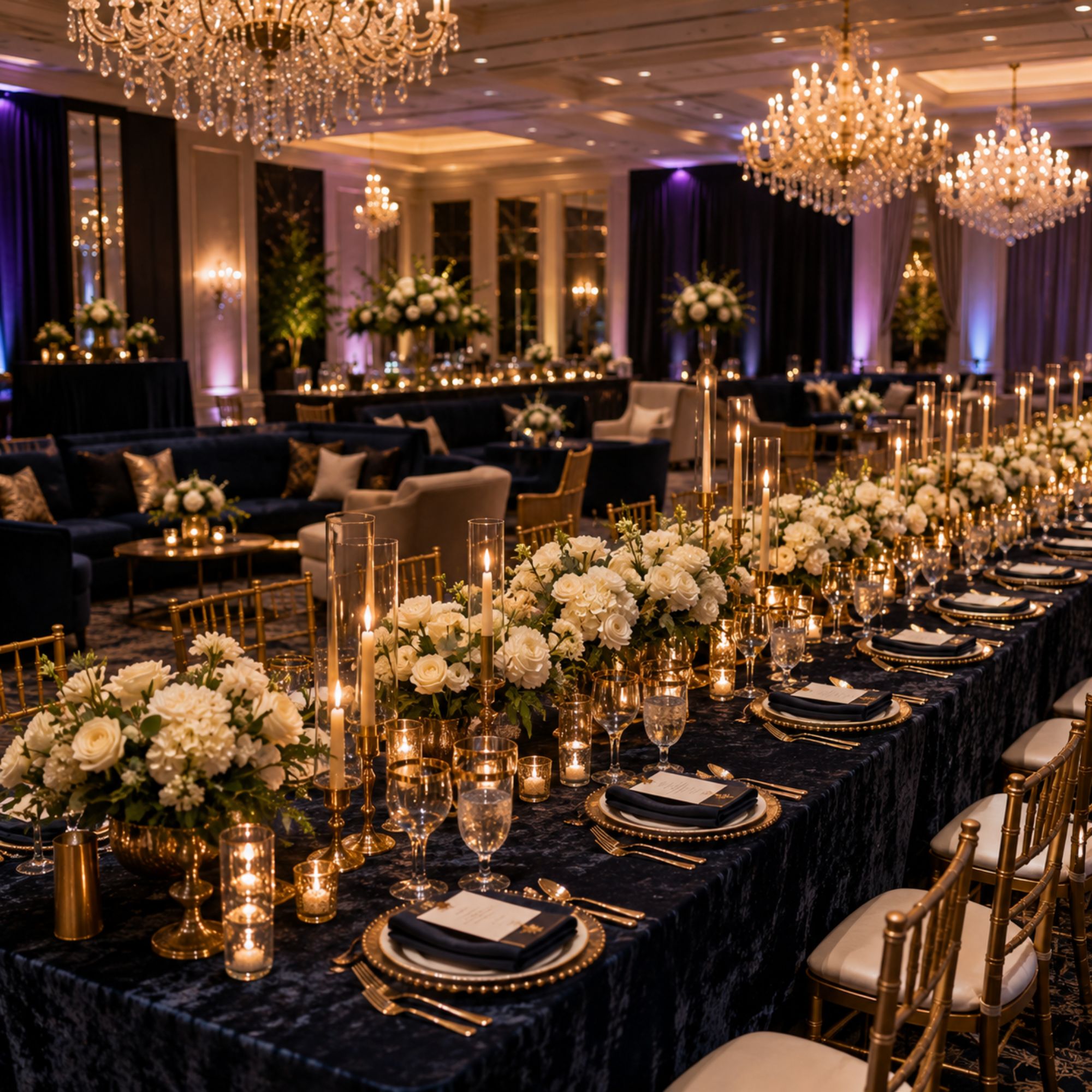 Elegant dining table with white floral arrangements, candles, gold place settings, and a navy velvet tablecloth.