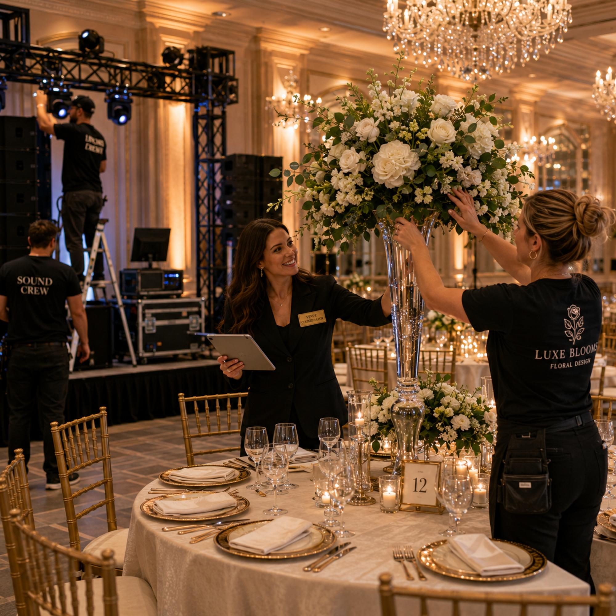 Event coordinator, florist, and sound crew setting up a luxurious event space with chandeliers, elegant table settings, and floral centerpieces.