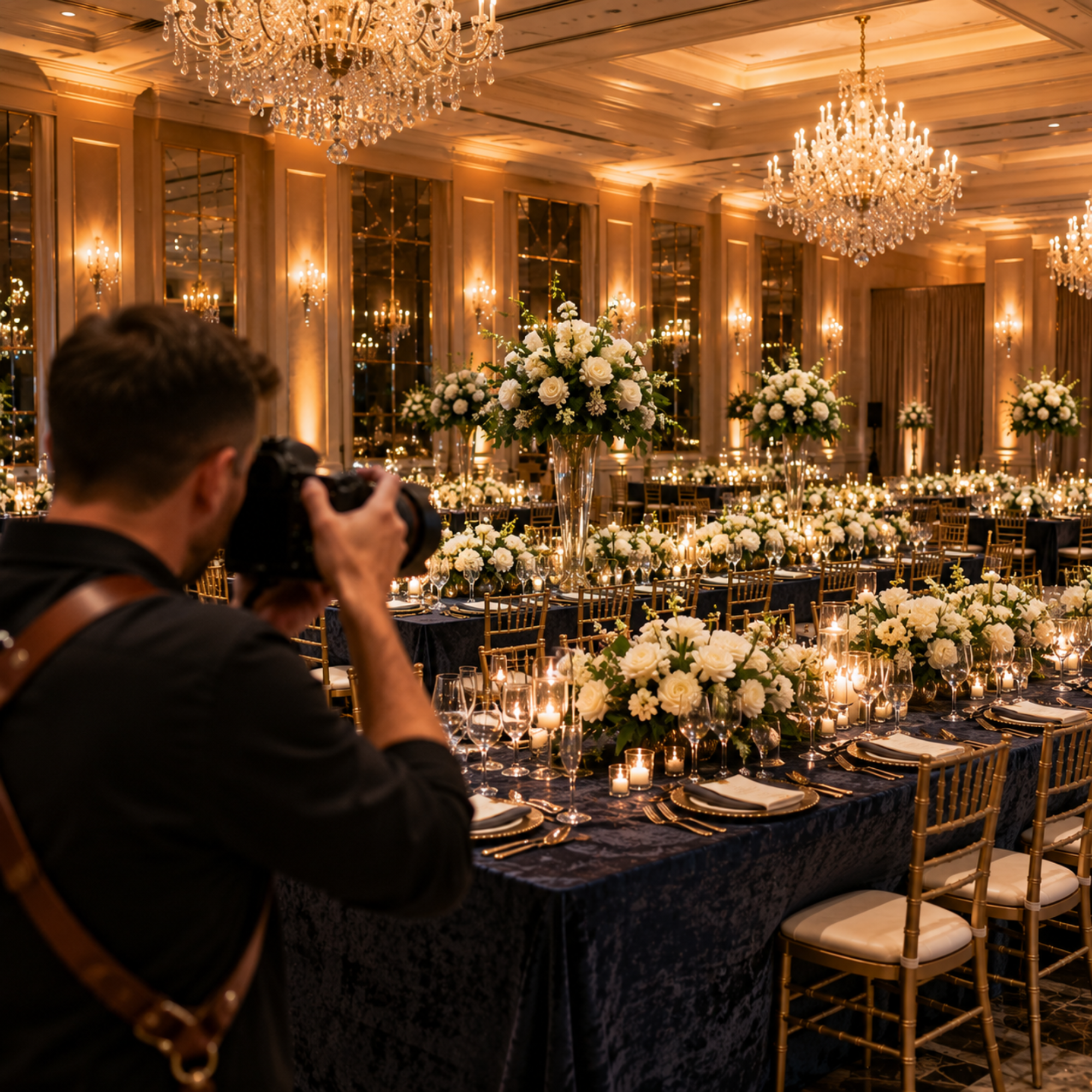 Photographer capturing a grand wedding reception hall with long tables, white floral centerpieces, candles, and chandeliers.
