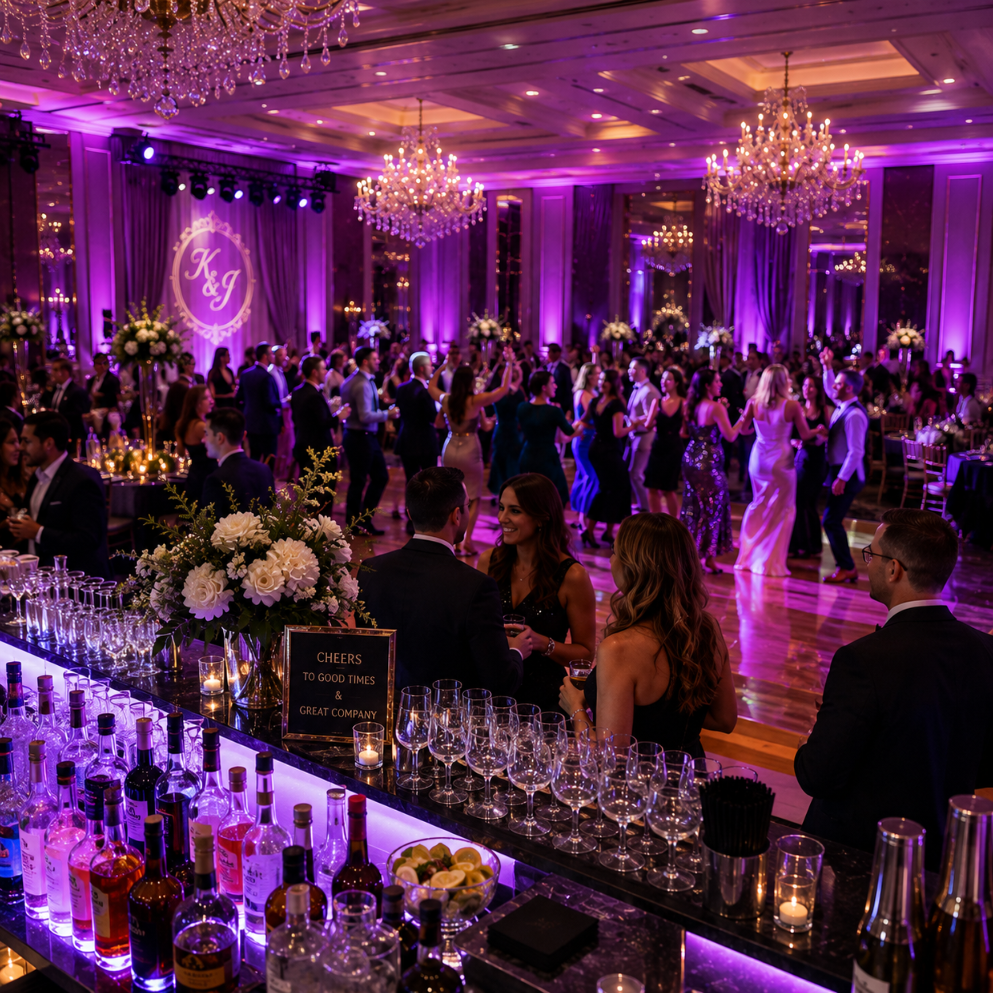 Elegant ballroom with purple lighting, crystal chandeliers, a crowded dance floor, and a well-stocked bar.